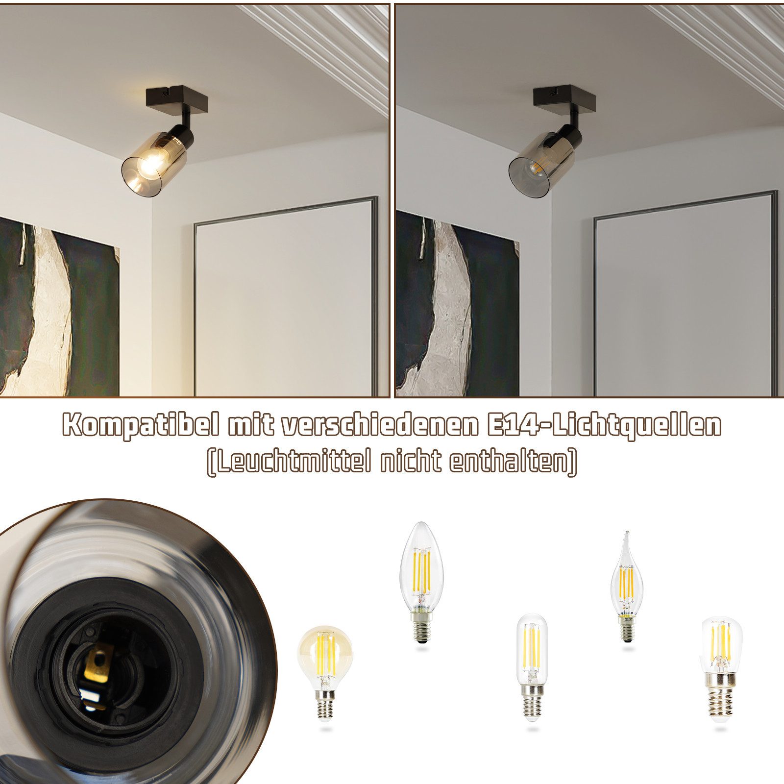 Nettlife Deckenstrahler Vintage Schwarz Glas E14 Retro Deckenleuchte Schwenkbar 350°, LED wechselbar, Flur Wandstrahler für Küche Wohnzimmer