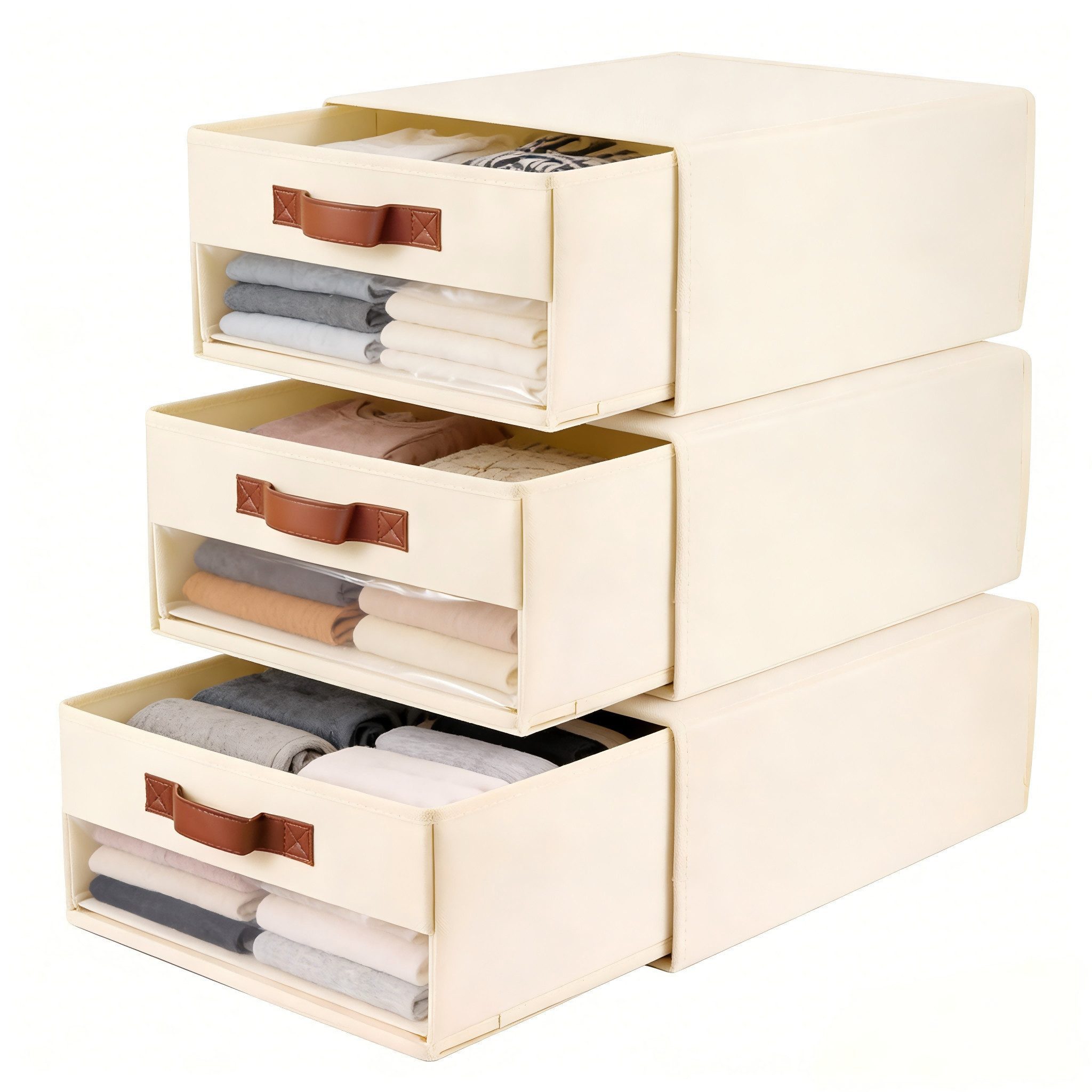 BlingBin Aufbewahrungskorb Kleiderschrank Organizer Aufbewahrungsschubladen 3er Pack, ausziehbar (3 Stück, 3 St., 40 cm x 32 cm x 17 cm), faltbar und stapelbar, mit Sichtfenster für Kleiderschrank, Wohnzimmer