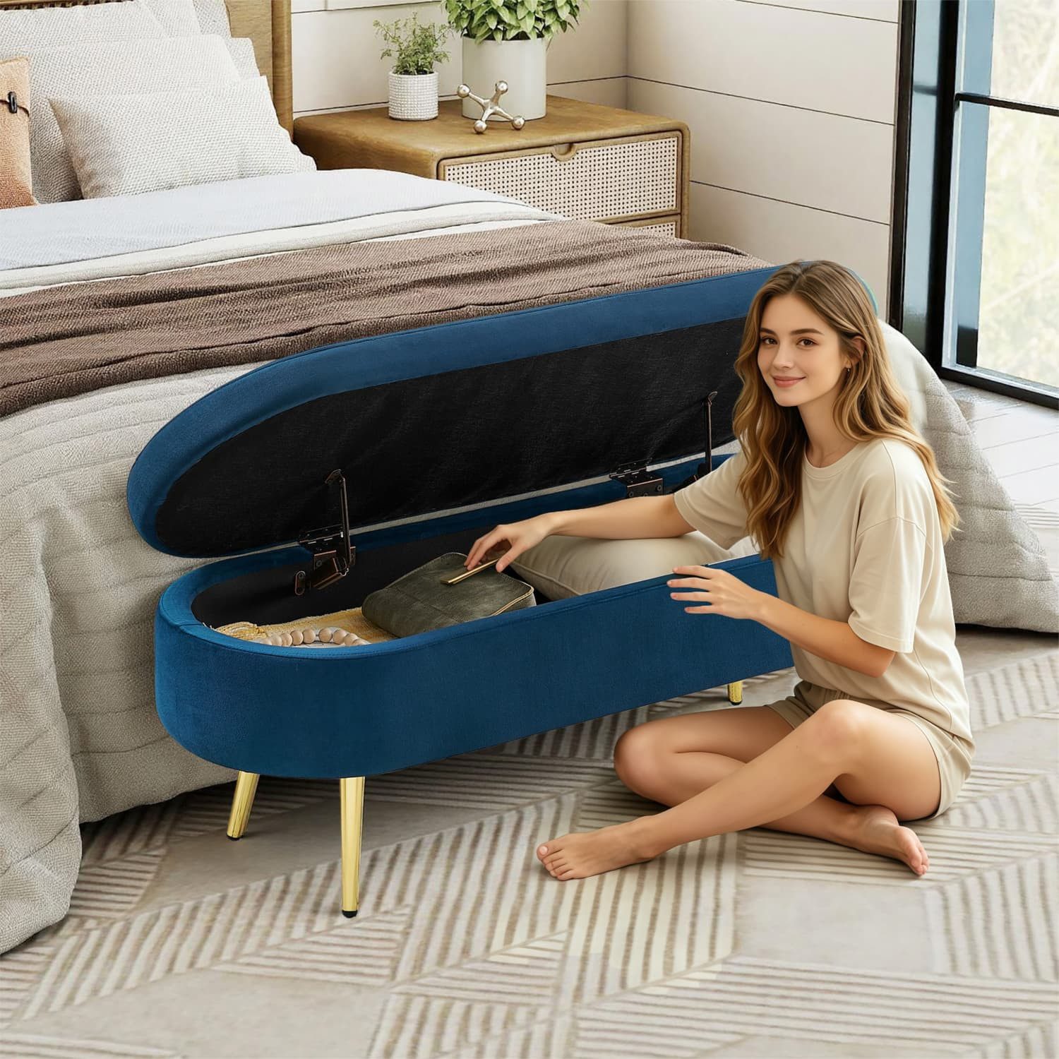 autolock Bettbank Multifunktionelle Aufbewahrungsbank,weicher Velvet-Stoff,Metallbeine, Fußbank,Bettbank,Polsterbank,Massivholzrahmen,20L Stauraum,110x40x42cm