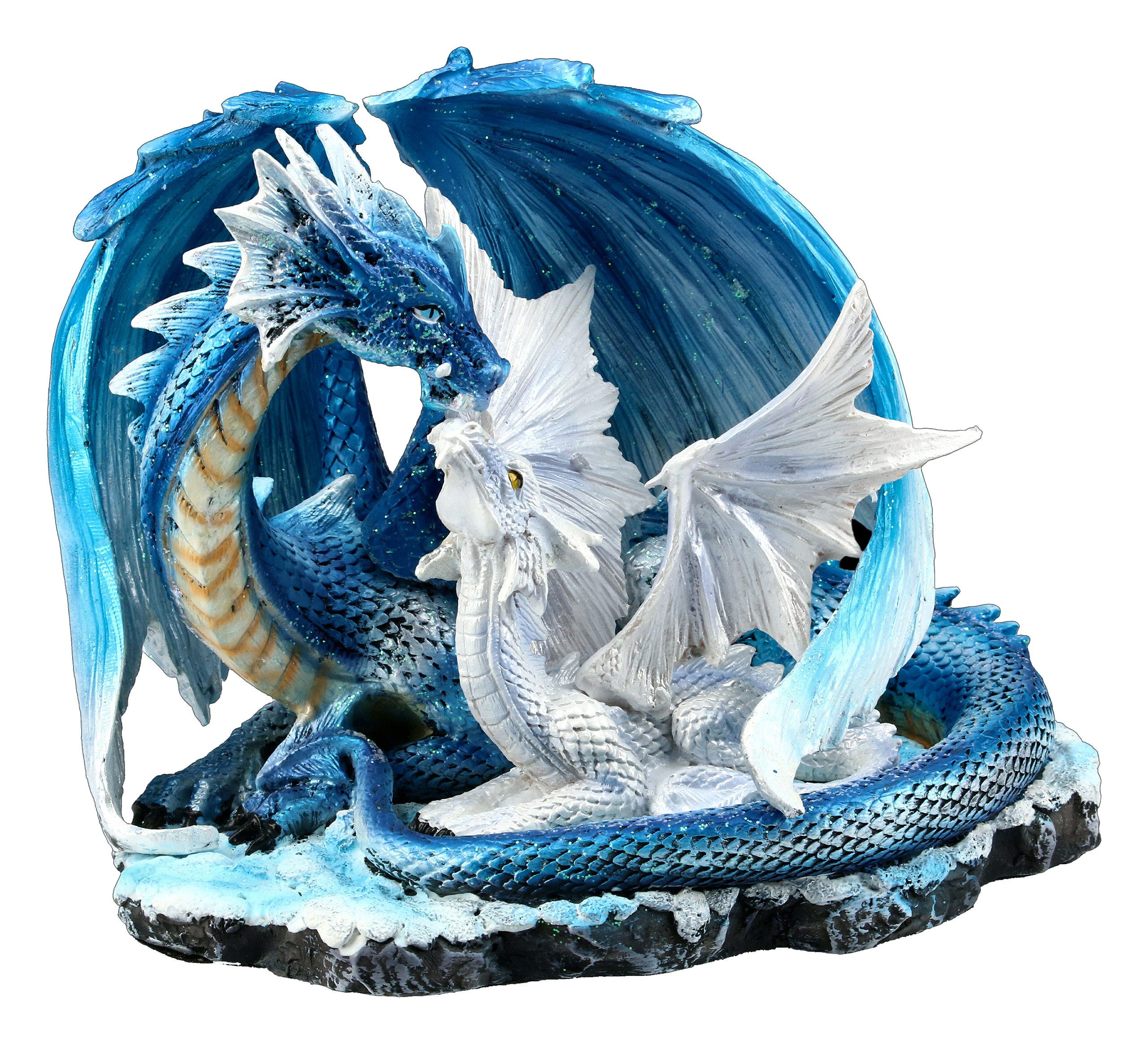 Figuren Shop GmbH Fantasy-Figur Drachen Figur - Mutter mit Jungem weiß-blau - Fantasy Deko