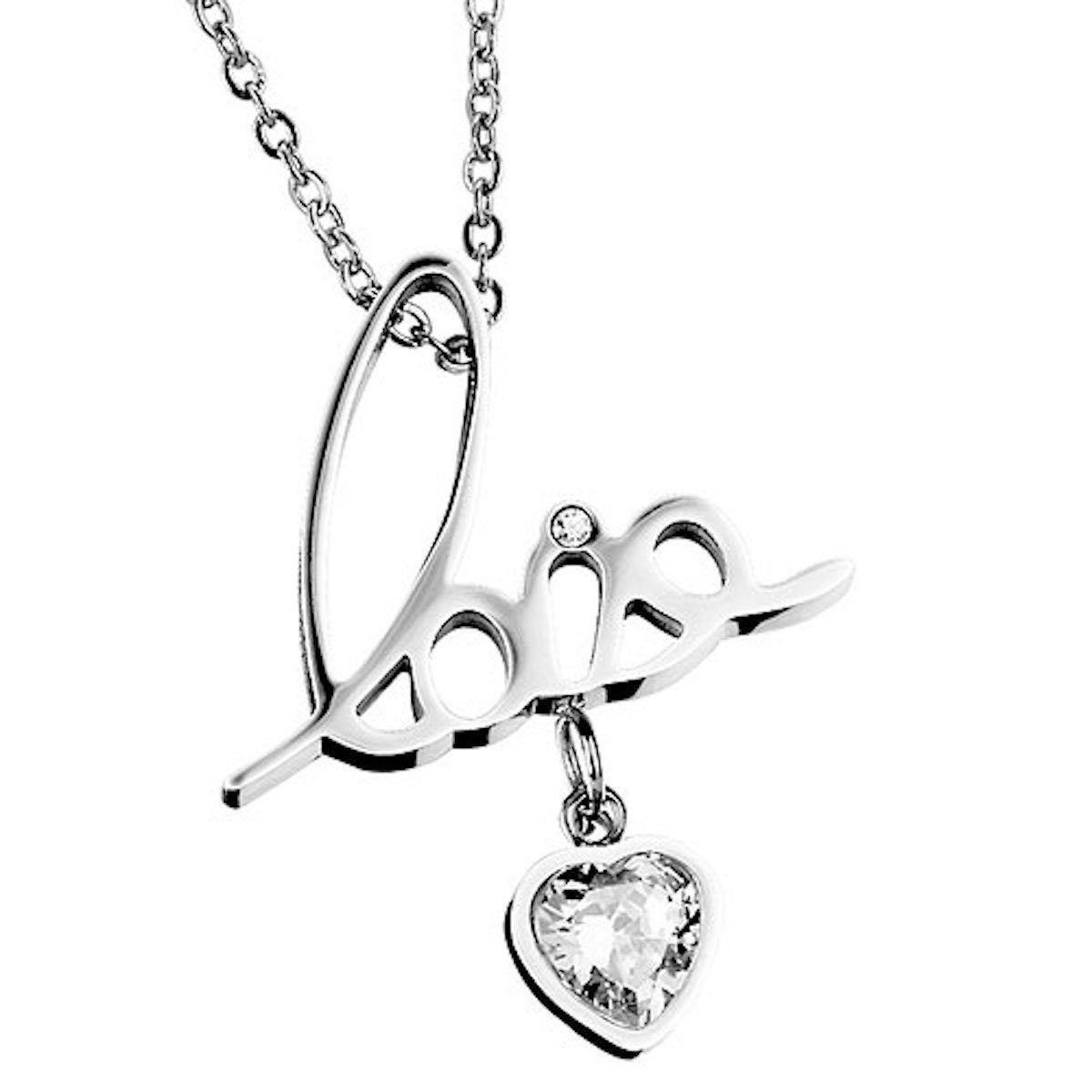 Taffstyle Kette mit Anhänger Damen Halskette Love Anhänger Glitzer Kristall Stein Herz Kette Silber, Geschenke für Frauen Freundin zum Geburtstag Weihnachten Valentinstag