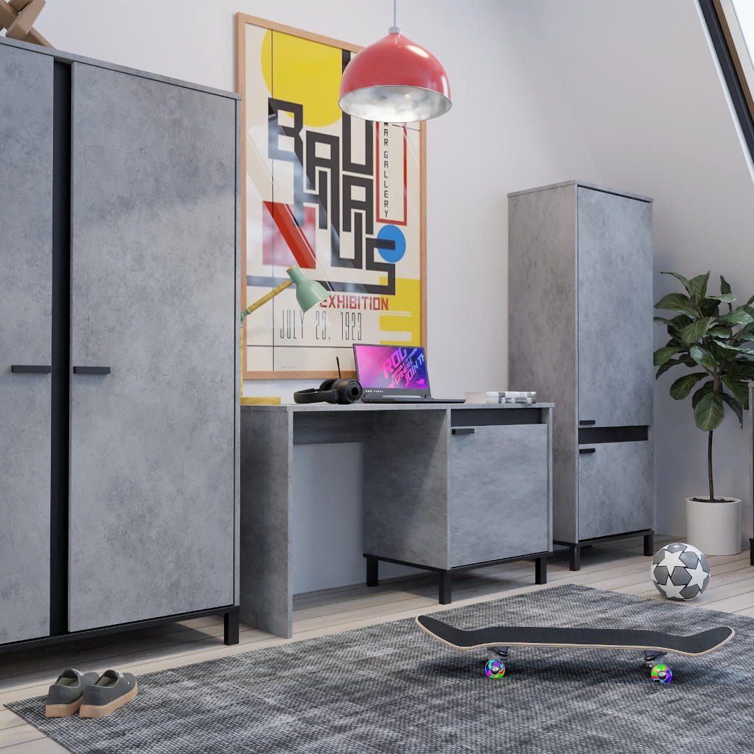 SM SEGA Jugendzimmer-Set BRILO - Moderne Möbel Set für Kinderzimmer und Jugendzimmer, (4-tlg Set, Kleiderschrank, Schreibtisch, Bücherschrank, Kommode), graues Jugendzimmermöbel-Set