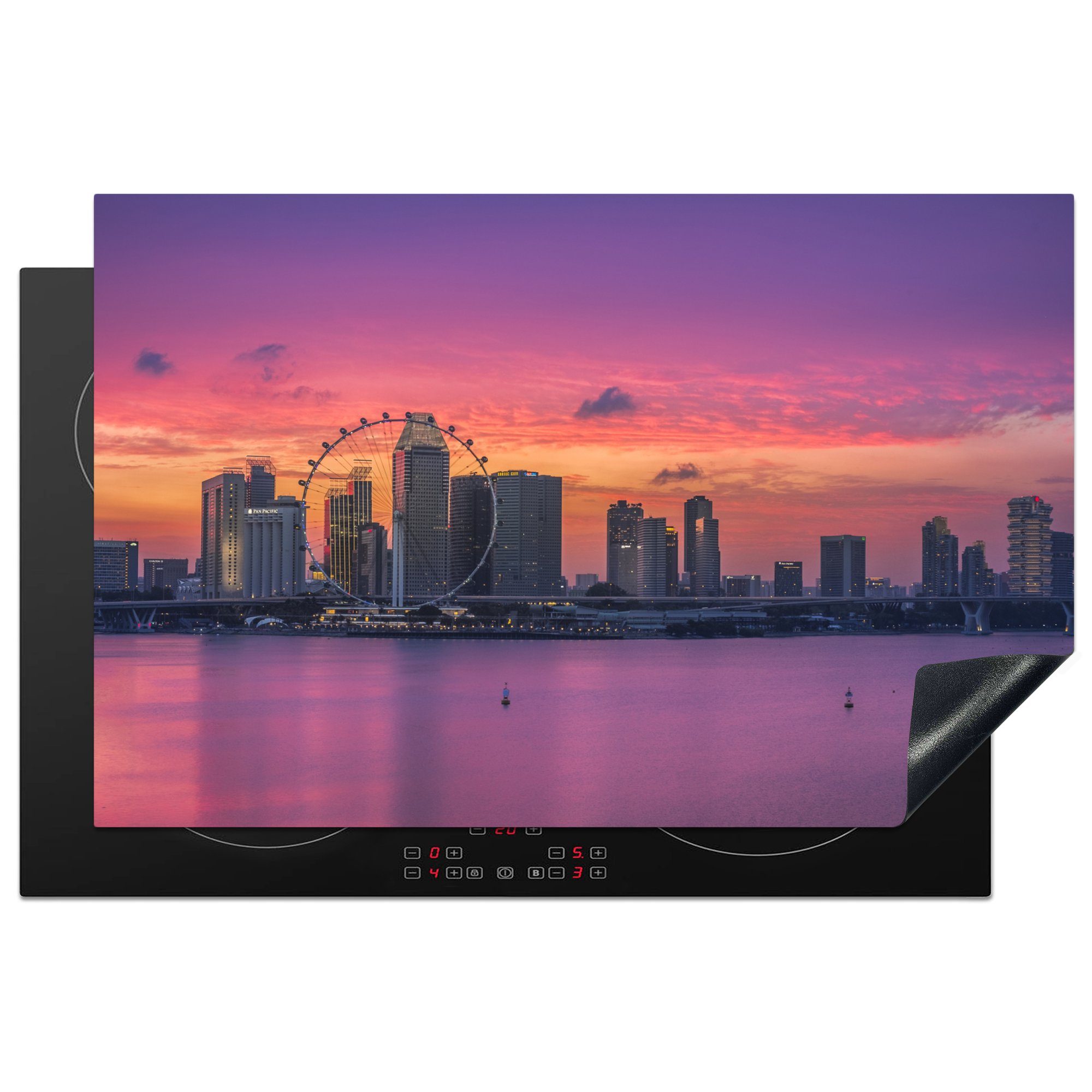 MuchoWow Herdblende-/Abdeckplatte Farbenfroher Sonnenuntergang über Singapur, Vinyl, (1 tlg), 81x52 cm, Induktionskochfeld Schutz für die küche, Ceranfeldabdeckung