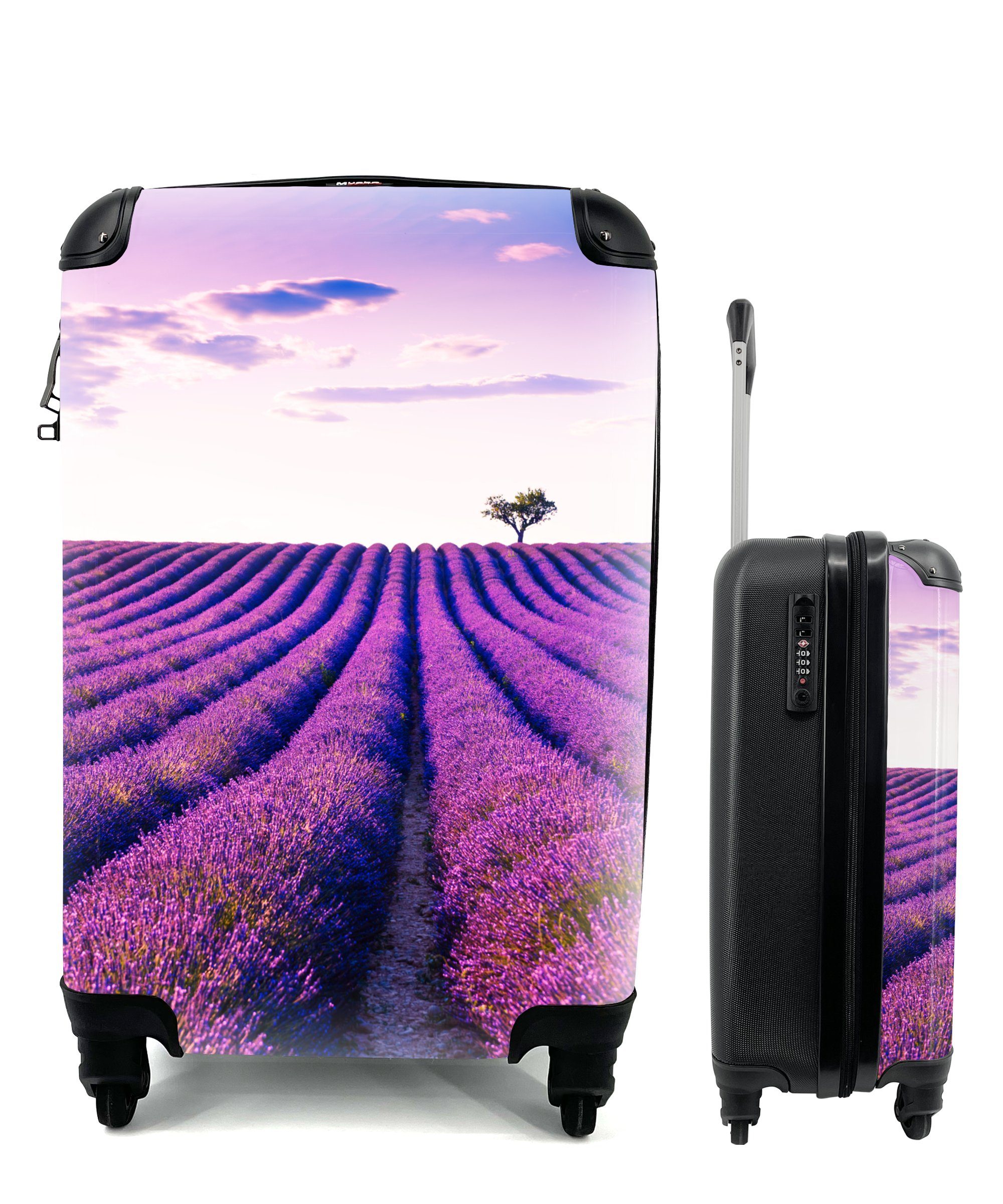 MuchoWow Handgepäckkoffer Lavendel - Bäume - Lila - Blumen, 4 Rollen, Reisetasche mit rollen, Handgepäck für Ferien, Trolley, Reisekoffer