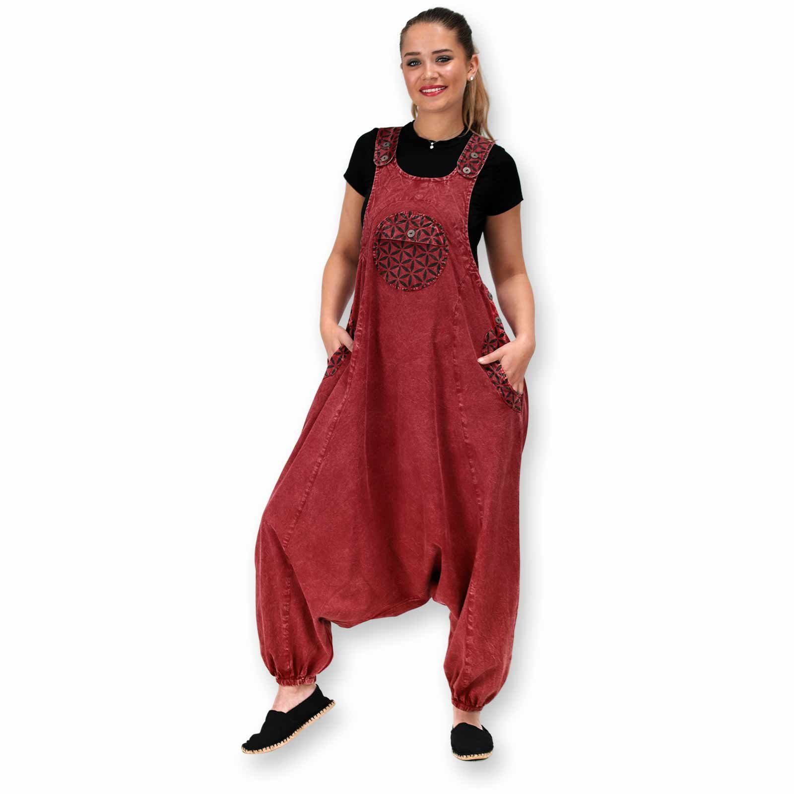 KUNST UND MAGIE Latzhose Hippie Latzhose Haremshose 70er Jumpsuit Overall Blume des Lebens Rot