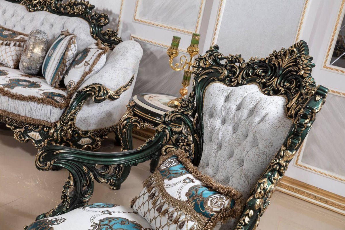 Hotel Grün elegantem Sessel Sessel & Barock Padrino & Gold Sessel Weiß Muster Wohnzimmer mit Luxus Möbel Barock - Edel / Prunkvoll - Mehrfarbig - Prunkvoller Wohnzimmer / Casa /
