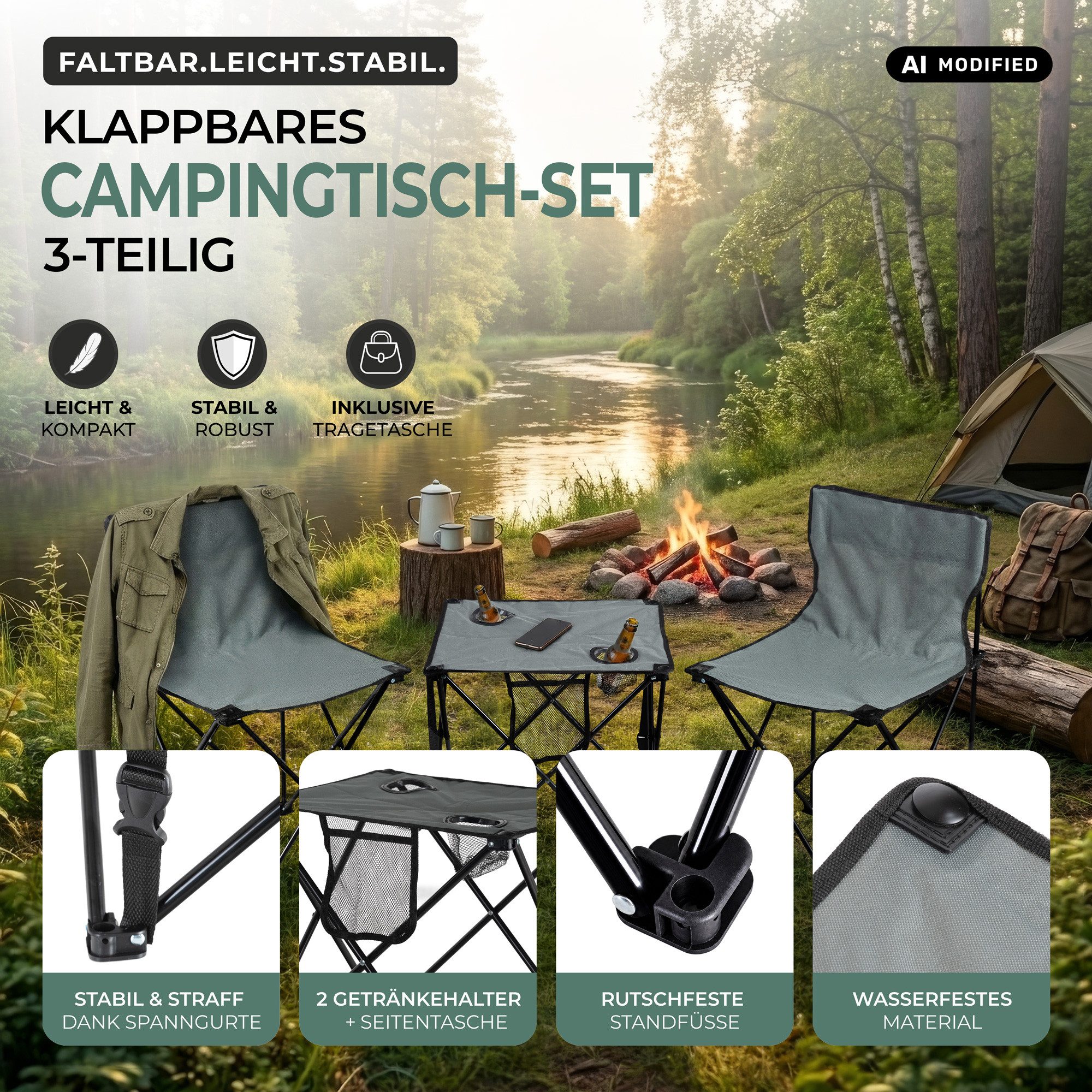 Stagecaptain Campingtisch CS-4547 Campingtisch-Set Grau mit 2 Faltstühlen (Set, 3-St., mit 2 faltbaren Campingstühlen, Tragetasche inklusive), Klapptisch mit Getränkehalter und Seitentasche