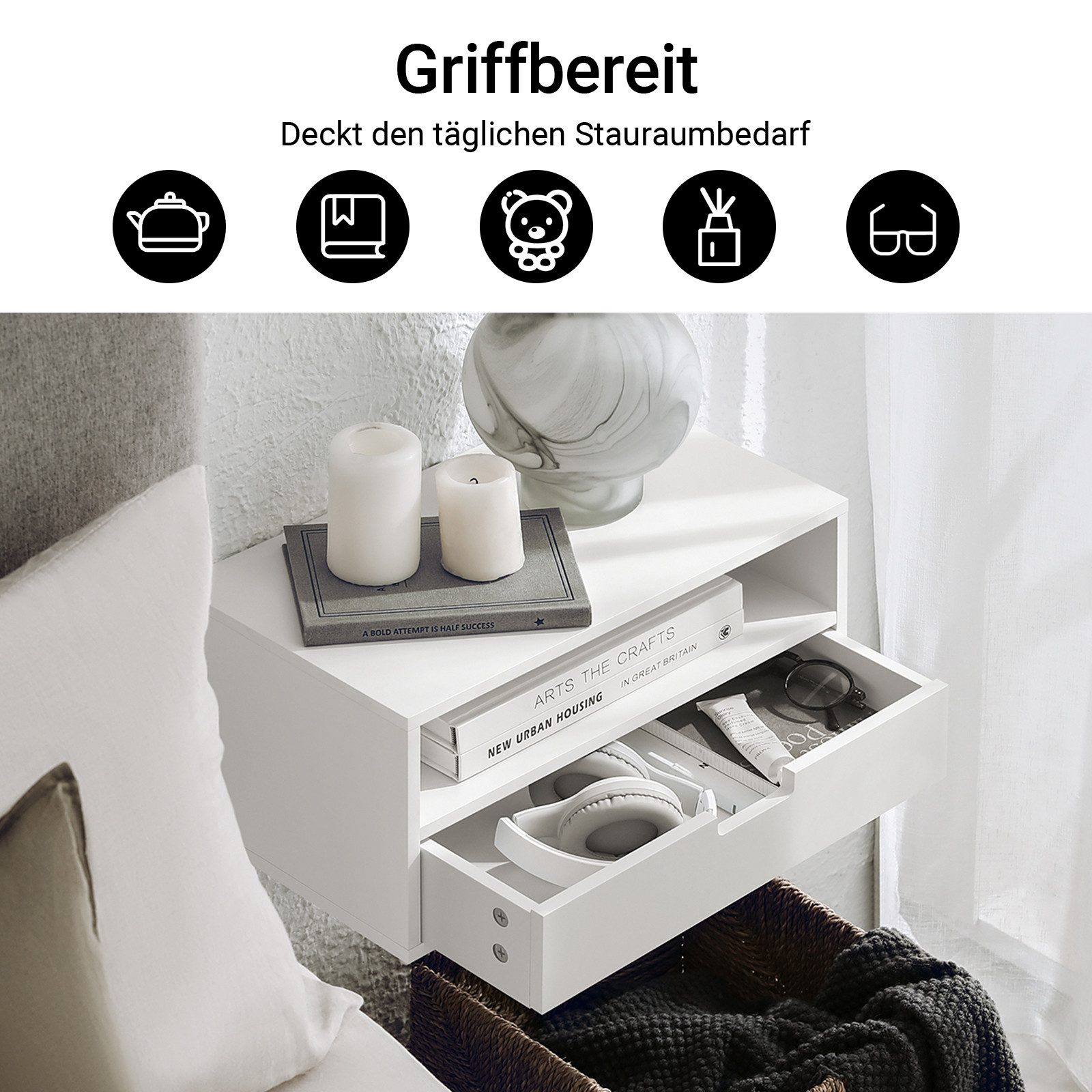 SoBuy Nachtkonsole NKD03, Schwebender Nachttisch, Wandregal mit Schublade, Nachttisch hängend Bettablage Nachtschrank Wandschrank Hängeschrank
