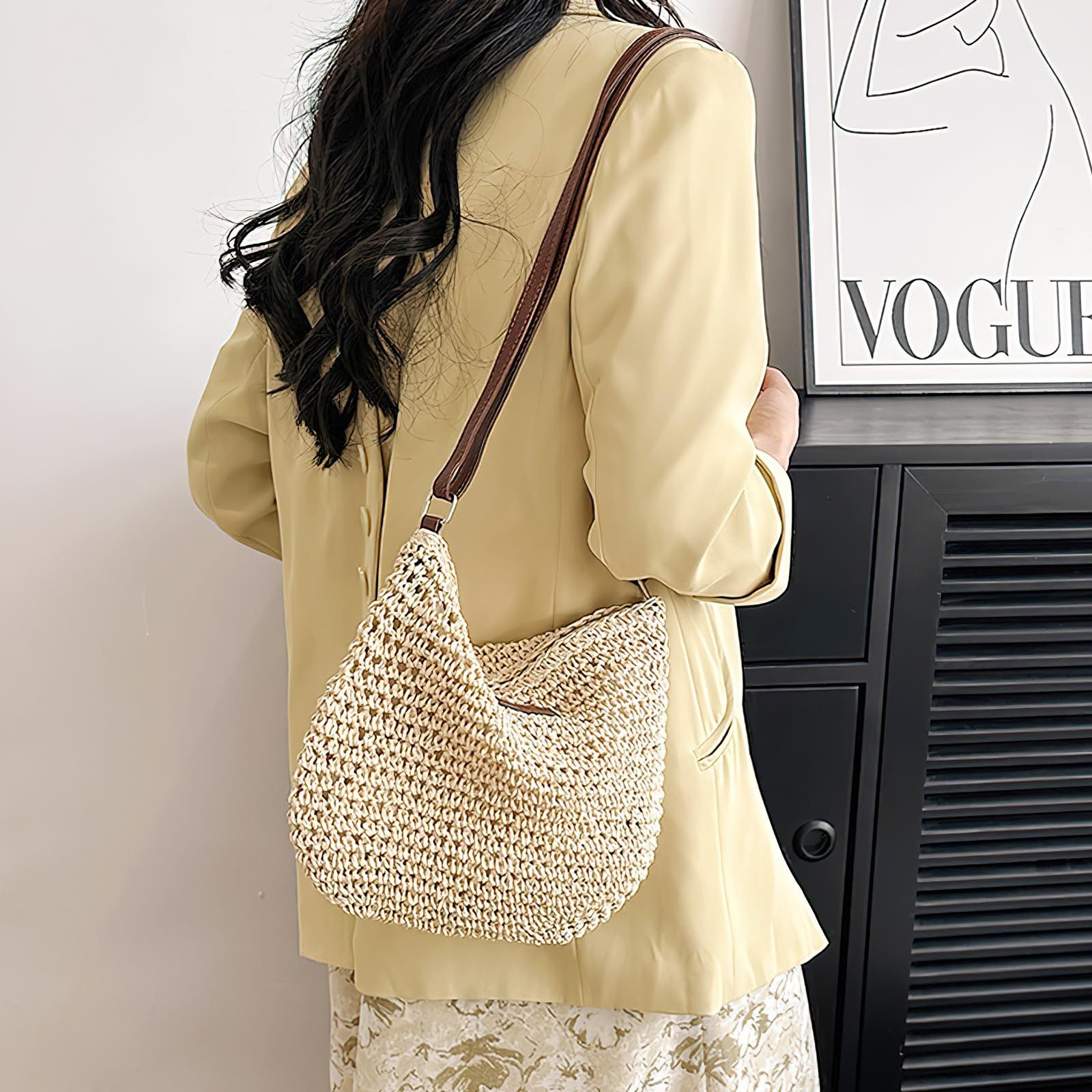 Agger Umhängetasche Stroh Handtasche Damen, Böhmische Strandtasche, Schultertasche, Strohtasche Damen Basttasche für Reisen Strand