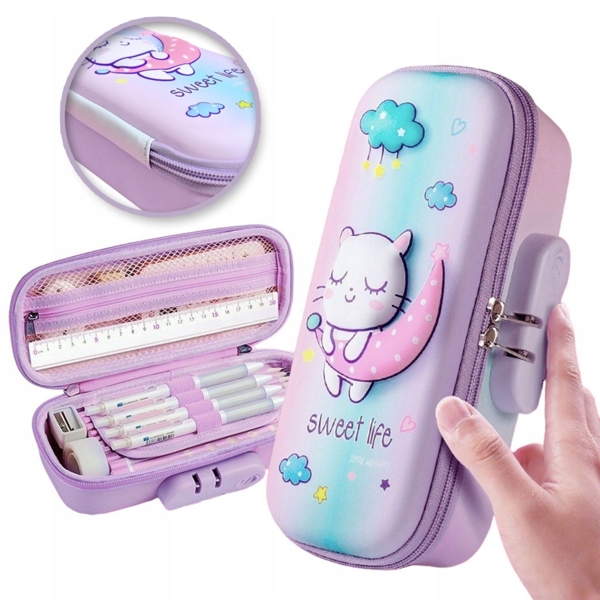 Festivalartikel Federmäppchen Süßes 3in1 Kinder-Schulmäppchen Kätzchen 3D mit Zahlenschloss