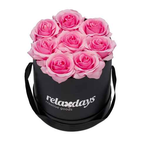 Gestecke Schwarze Rosenbox rund mit 8 Rosen, relaxdays, Höhe 17 cm, Rosa