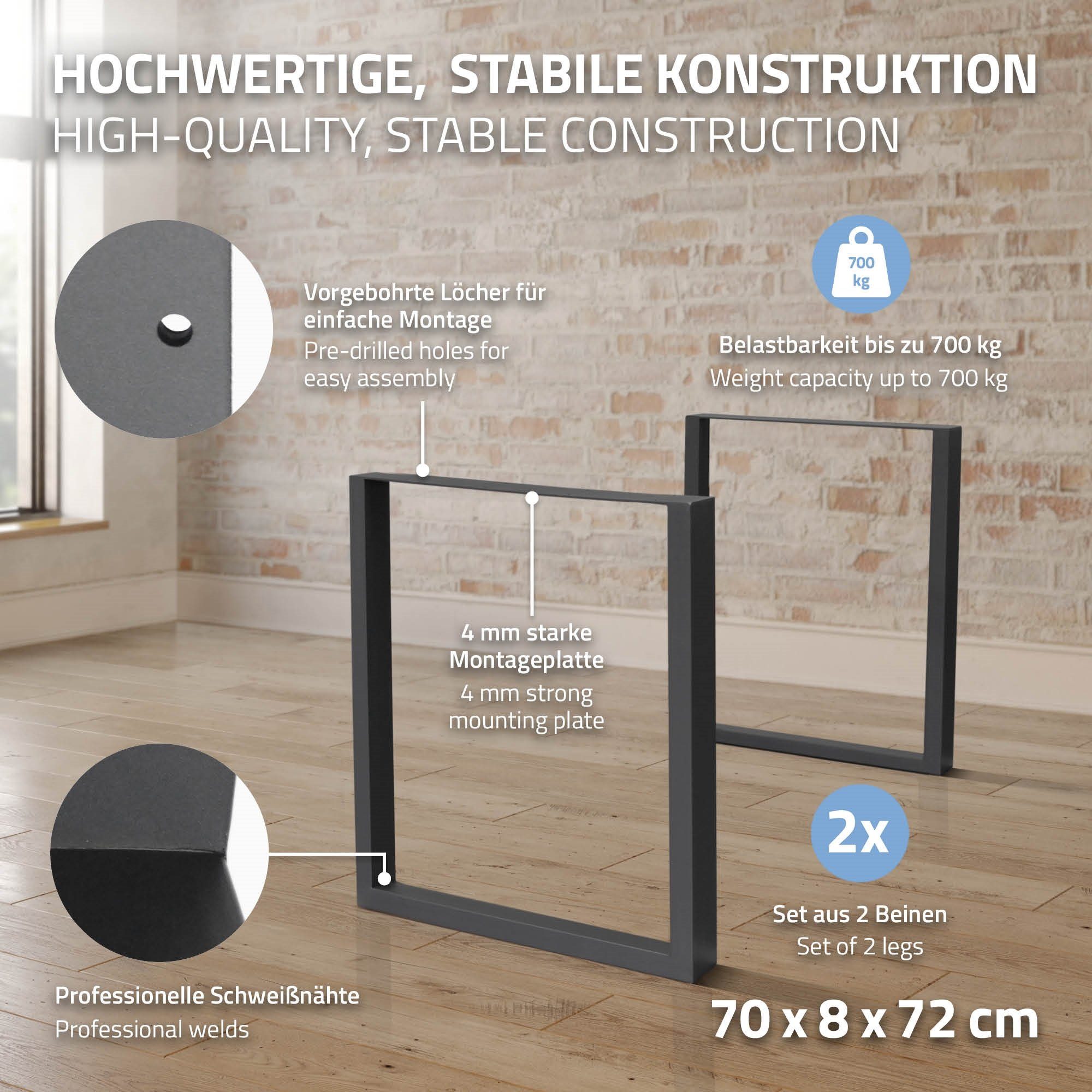 ECD Germany Tischbein Tischkufen Tischuntergestell Set Stahl Anthrazit für Möbelfüße Esstisch, 2er Industriedesign für Tischgestell Esstisch 70x72cm
