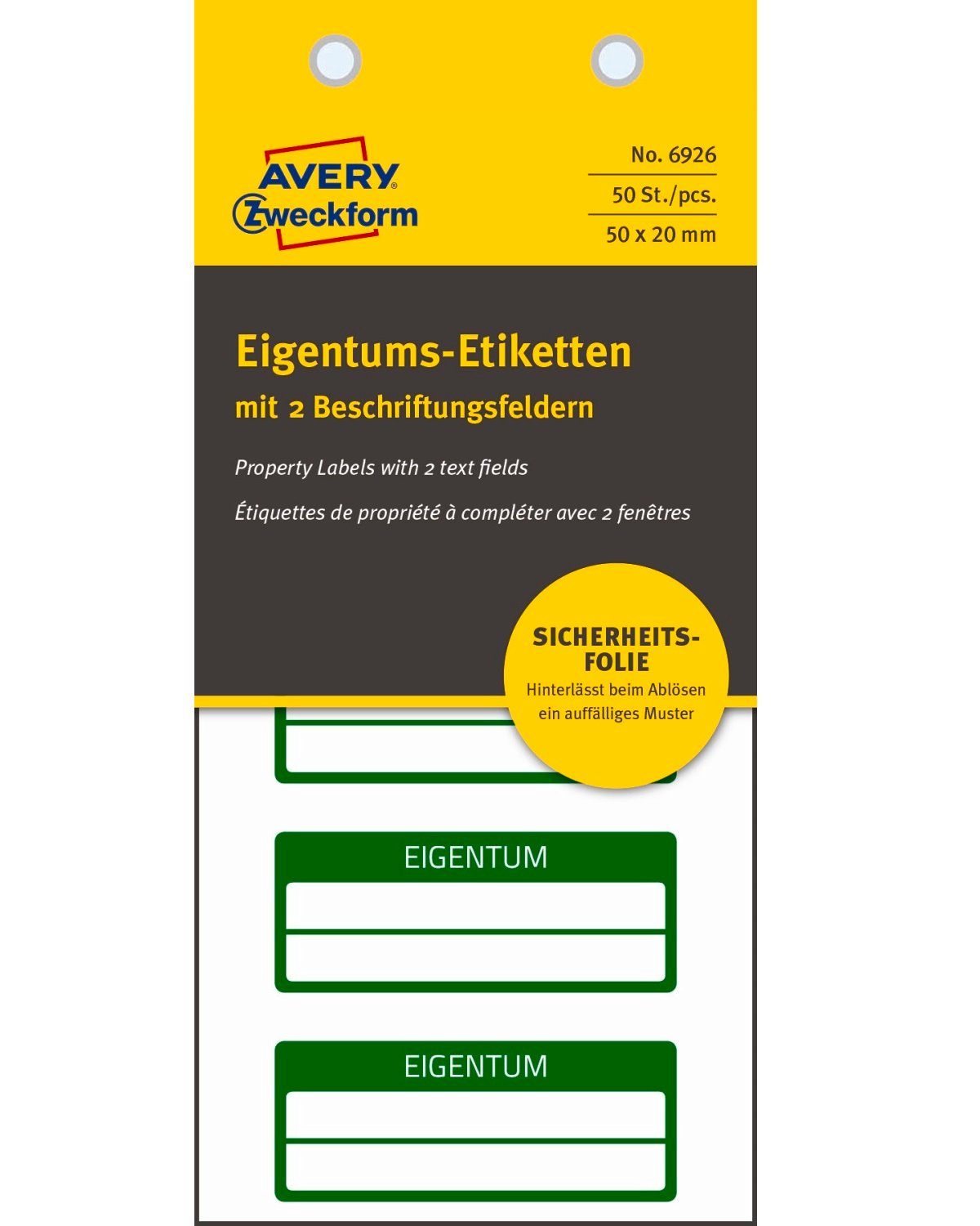 Avery Zweckform Etiketten 50x Eigentums-Etiketten mit 2 Feldern 50x20mm Grün, 50x20mm 50 Stück Aufkleber auf Block, Permanent, zur Handbeschriftung