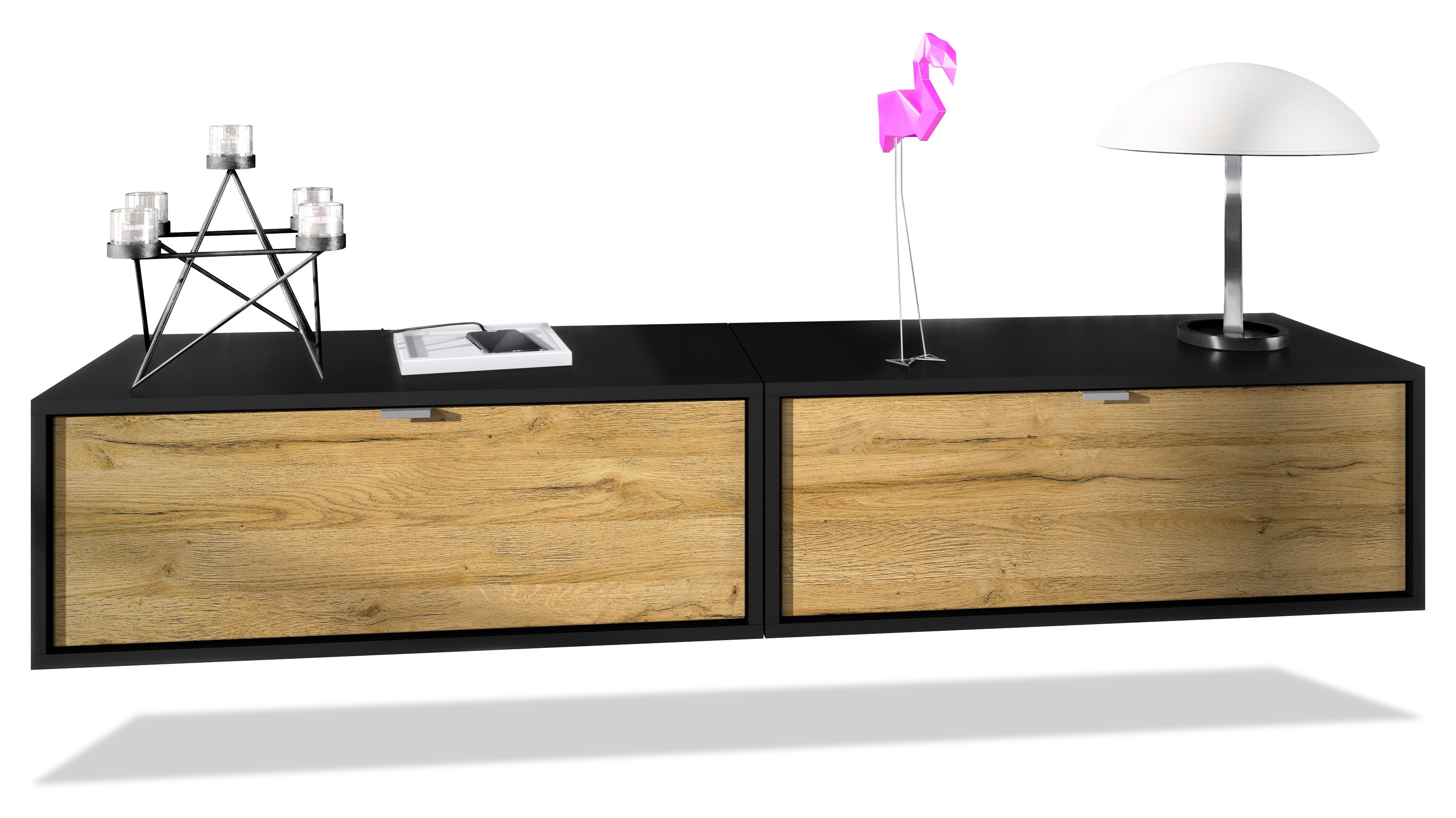 Vladon Lowboard Lana 800 (2er-Set Tv-Kommode, mit Klappe), Schwarz matt/Eiche Natur (80 x 29 x 37 cm)