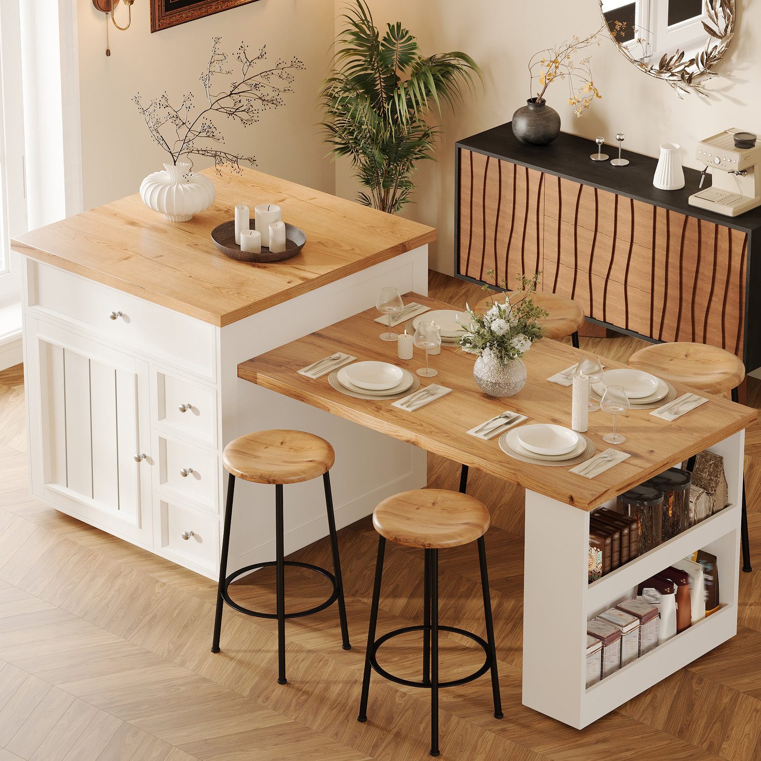 Odikalo Kücheninsel mit Ausziehbare Esstisch Schubladen und Rollen, (120-184 cm), Vielseitige Thekeninsel für Küche, Esszimmer & Bartresen)