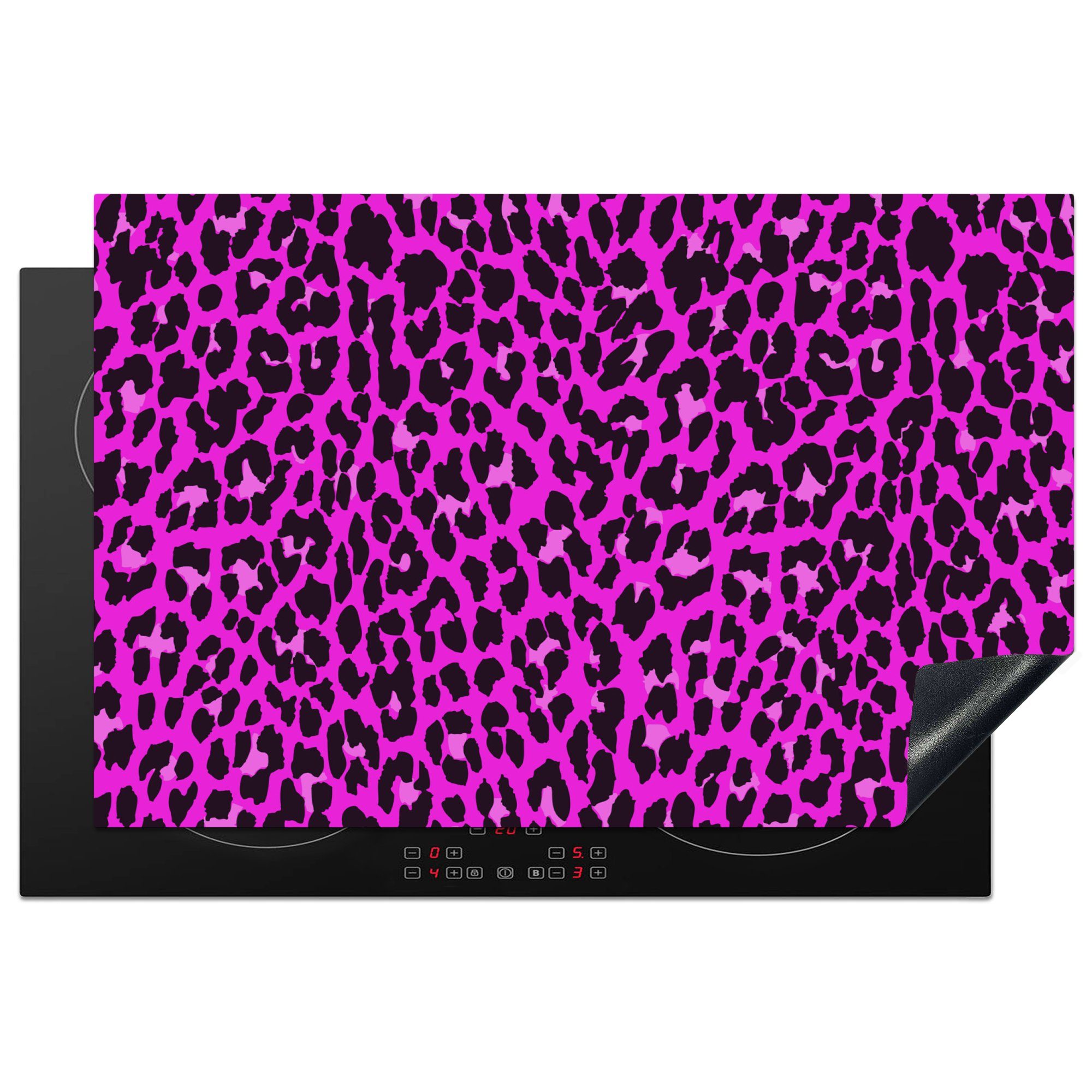 MuchoWow Herdblende-/Abdeckplatte Leopard - Rosa - Tiere, Vinyl, (1 tlg), 81x52 cm, Induktionskochfeld Schutz für die küche, Ceranfeldabdeckung