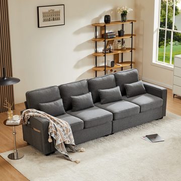 MODFU Sofa 4-Sitzer-Sofa aus Leinenstoff, Viersitzer-Sofa mit Armlehnentaschen und 4 Kissen, einfaches Sofa für Wohnzimmer, Wohnung, Büro