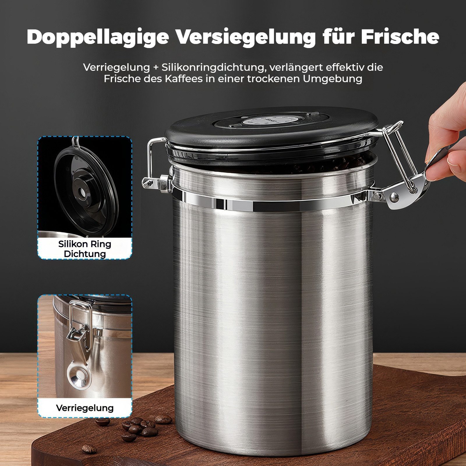 BlingBin Kaffeedose 1,8/2,8L Edelstahl Kaffeebohnen Vorratsdose,Luftdichte Kaffeebehälter, Edelstahl, (1er Set, 1-tlg., 14.8*20.8 cm), Kaffeedose mit CO2-Ventil, Messlöffel & Datumsanzeige für Nüsse Kakao