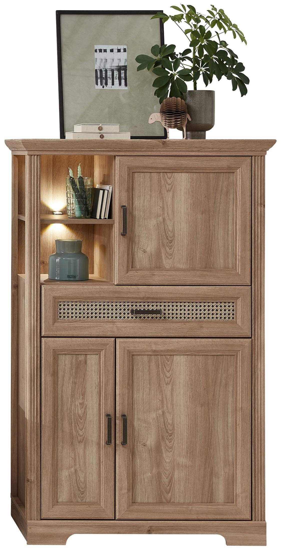 Innostyle Highboard Highboard Stauraumelement VIENNA - Eiche und Wiener Geflecht