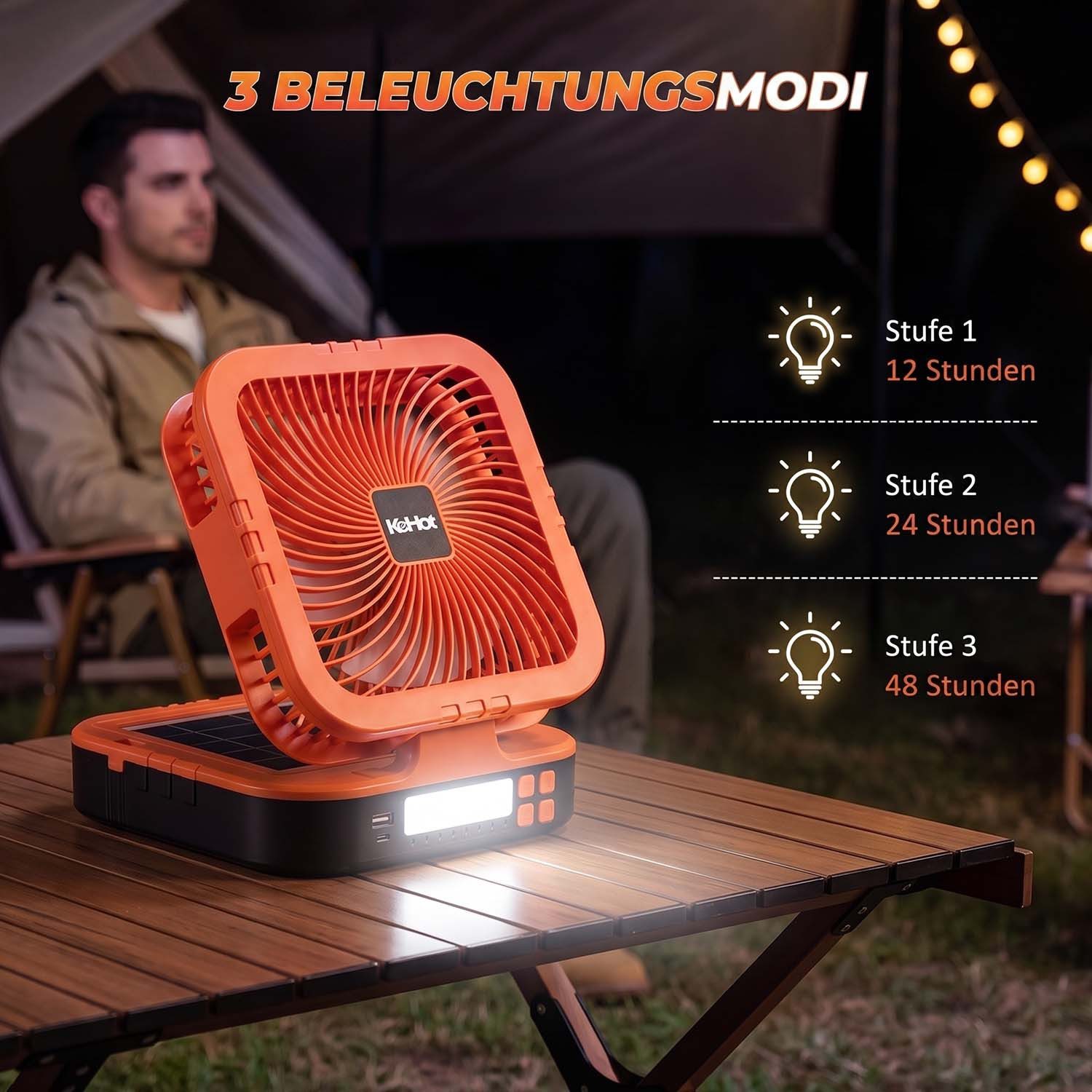 kehot Tischventilator Campingventilator mit Licht und Fernbedienung, Faltbarer Outdoor-Ventilator, Solaraufladung, 45°/90° Oszillation