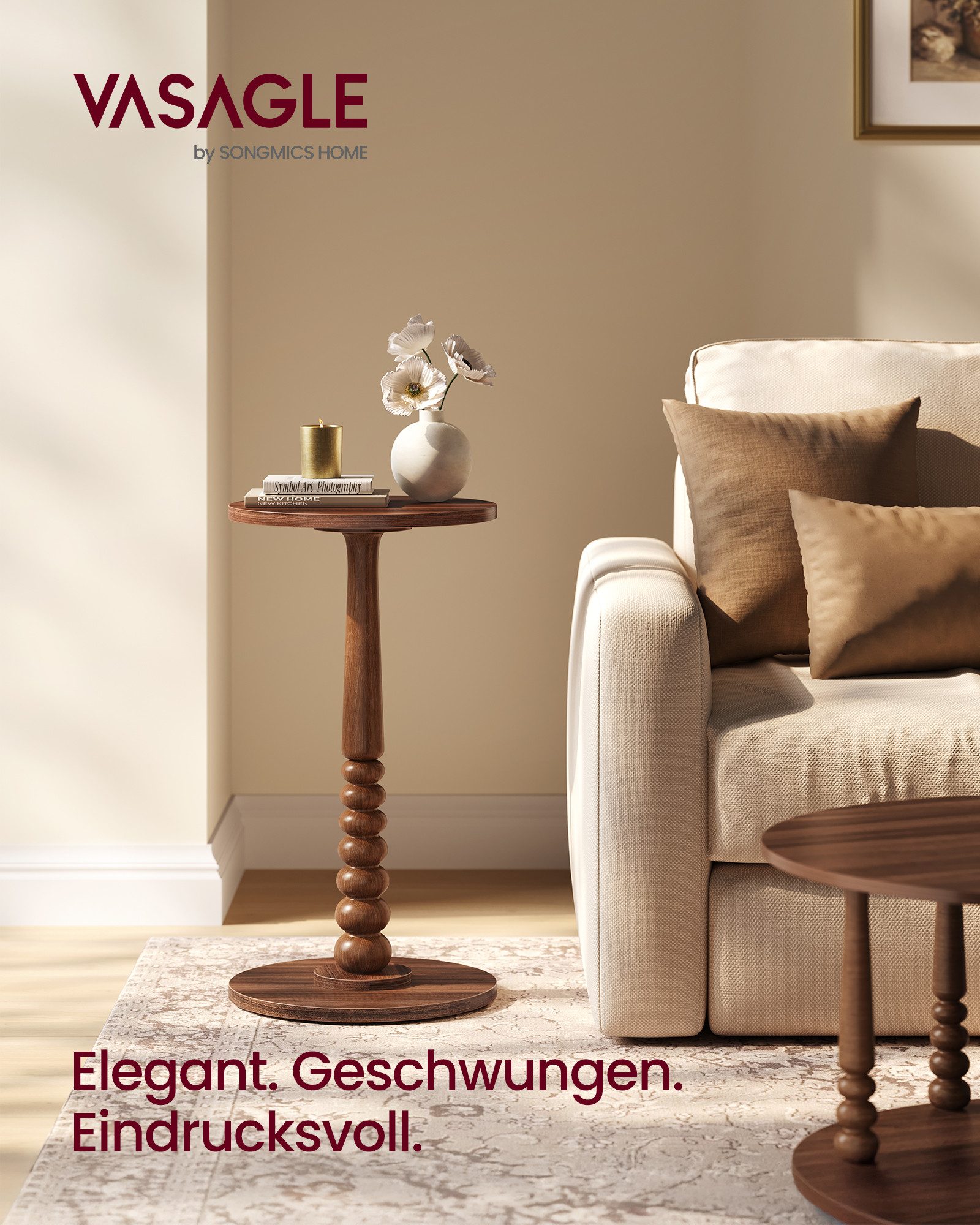 VASAGLE Beistelltisch rund, kleiner Sofatisch, Nachttisch, Bein aus Massivholz, Mid-Century-Modern-Stil, für Schlafzimmer