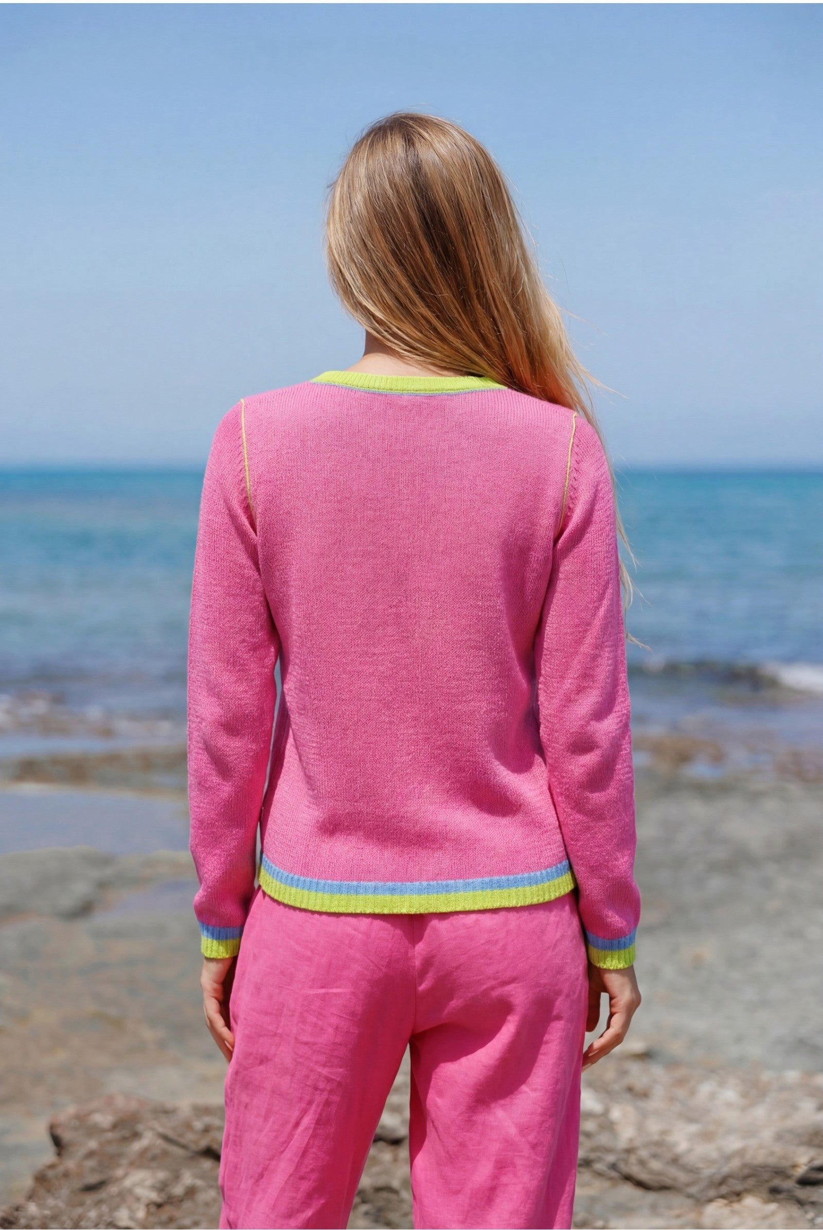 six-o-seven Strickpullover Kaschmir Feinstrick Pullover helles Pink Kontraststreifen Style