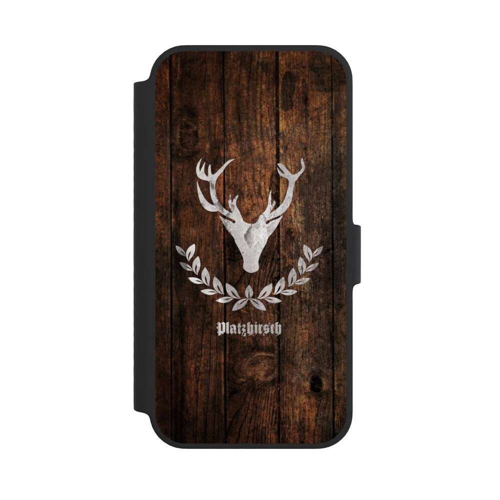 NIVOCASE Handyhülle Hirsch Holzoptik Holz Platzhirsch, Apple iPhone 14 Klapphülle Handyhülle aus Kunst Leder NIVOflip schwarz