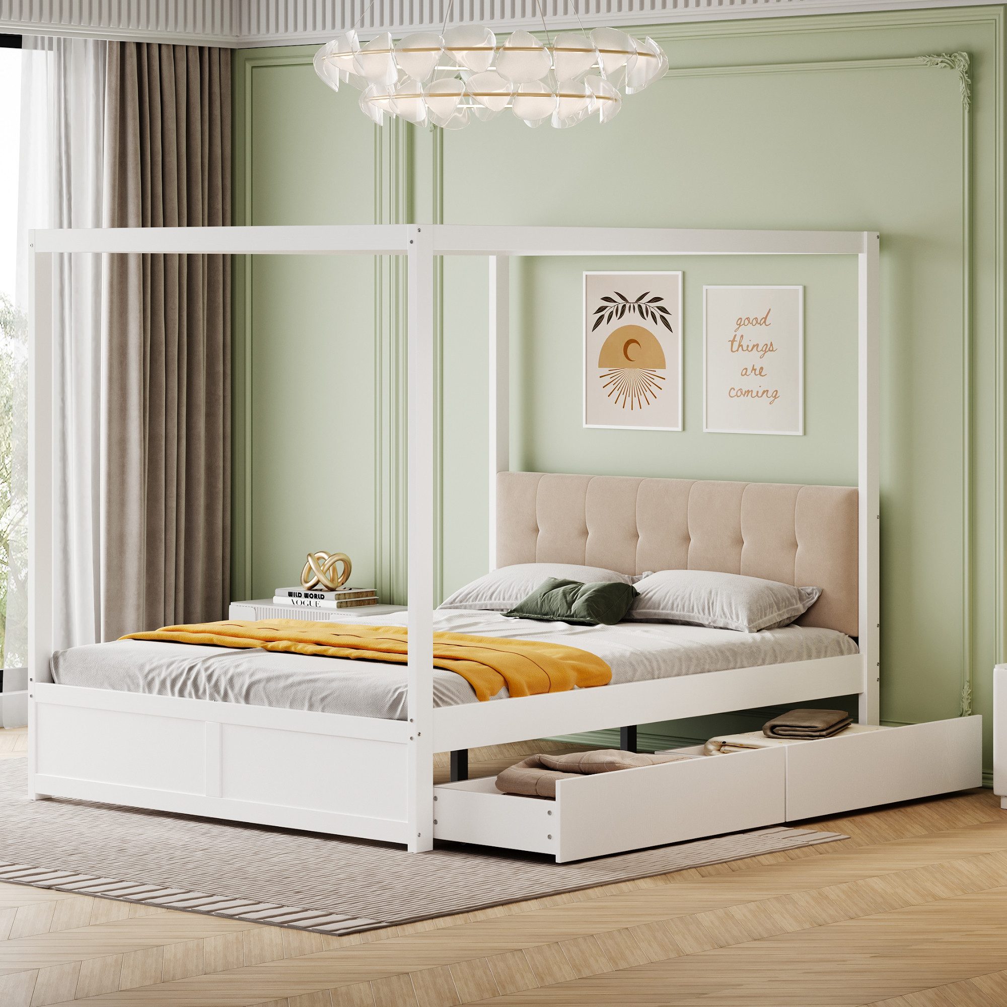 OKWISH Bett Himmelbett aus Holz, Doppelbett Kinderbett Hausbett (mit großen Schubladen und gepolsterter Rückenlehne, 140 x 200 cm), ohne Matratze