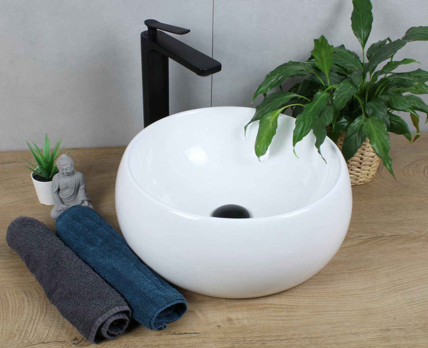 Thumbnail - HAGO Aufsatzwaschbecken Keramik Waschbecken rund Ø 400 x 155 weiß ohne Überlauf Aufsatzwaschbe