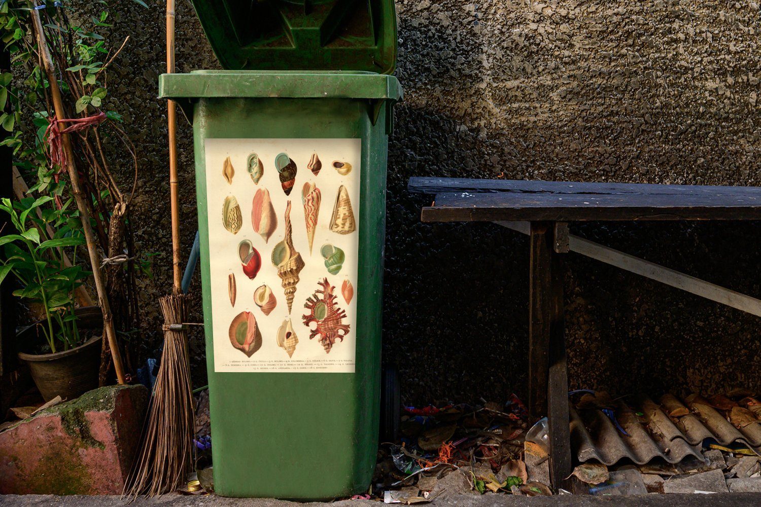 Zeichnung (1 MuchoWow - Vintage Container, Mülleimer-aufkleber, Muscheln St), Mülltonne, - Sticker, Wandsticker Abfalbehälter