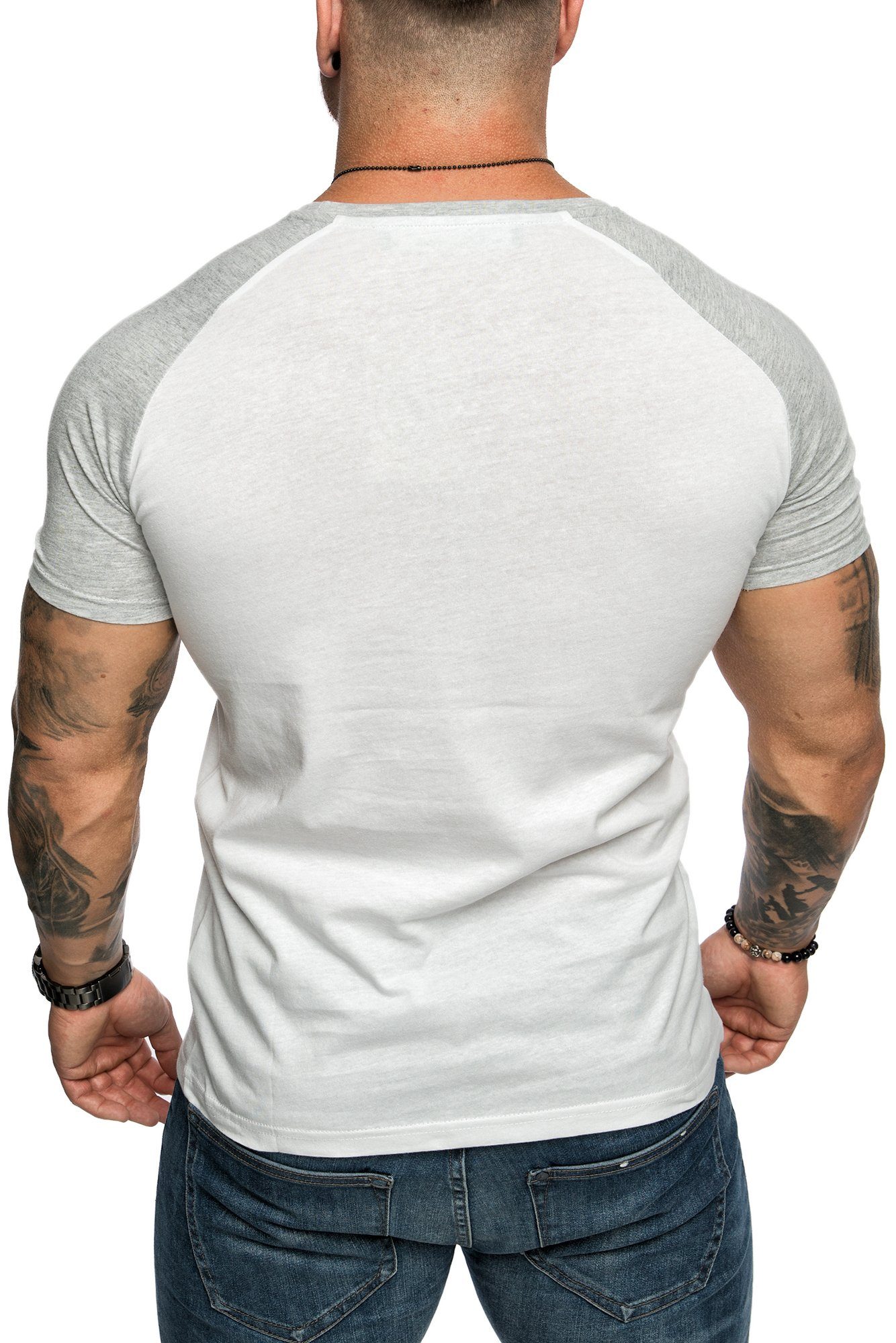 Amaci&Sons mit SALEM T-Shirt Raglan Shirt Weiß/Grau Rundhalsausschnitt T-Shirt Basic Raglan Herren mit Basic Rundhalsausschnitt