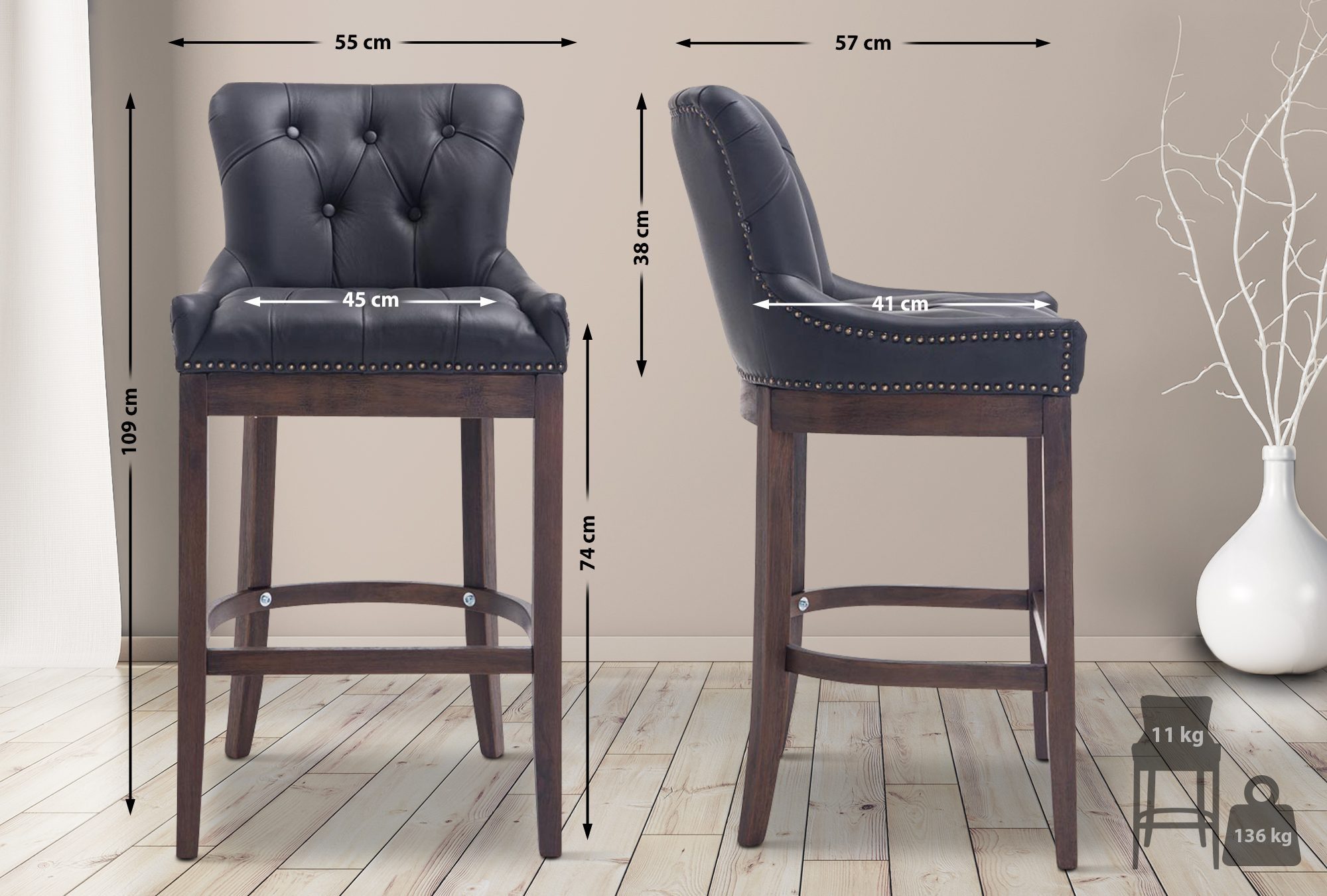 CLP Barhocker Lakewood Echtleder, gepolstert antik dunkel