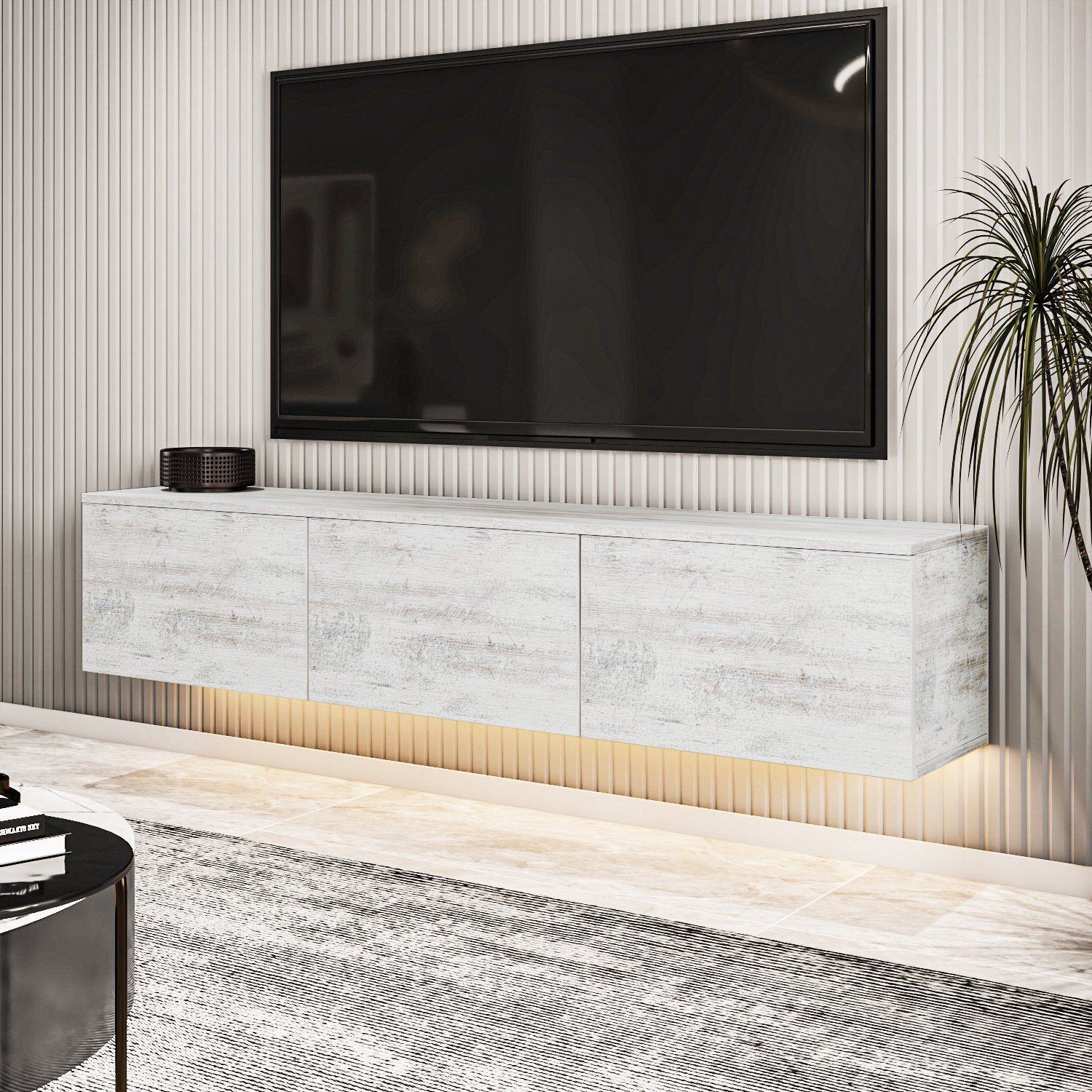 moebel17 TV-Regal TV Lowboard Beleuchtung, Alston in modernes Lowboard TV LED Holzoptik mit Türen Kristall 3 Weiß