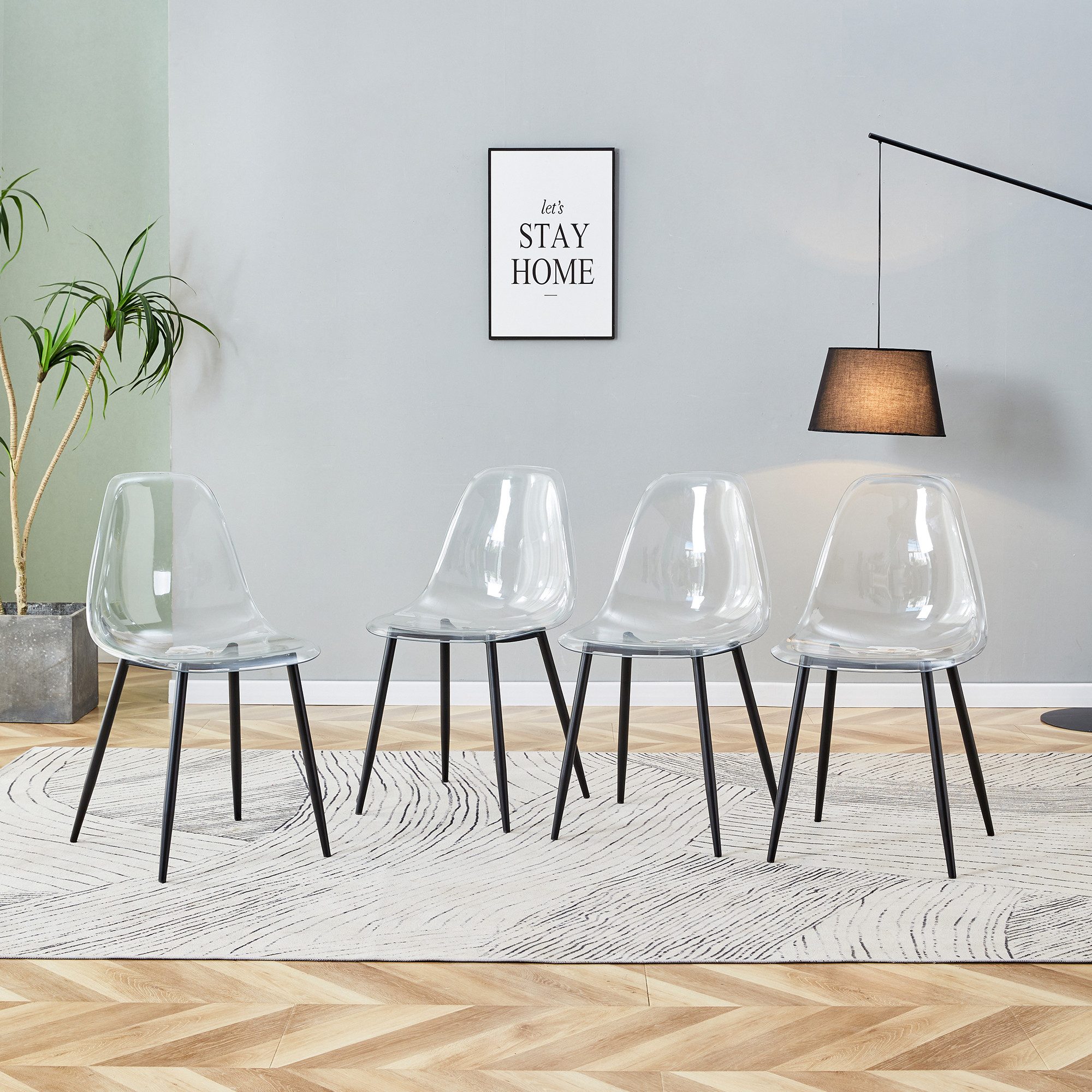 JUFU Stuhl 4er-Set, moderner Esszimmerstuhl mit transparentem Acryl-Sitz (4 St), Küchenstuhl, Stabile Metallbeine in Schwarz, Gold oder Silber