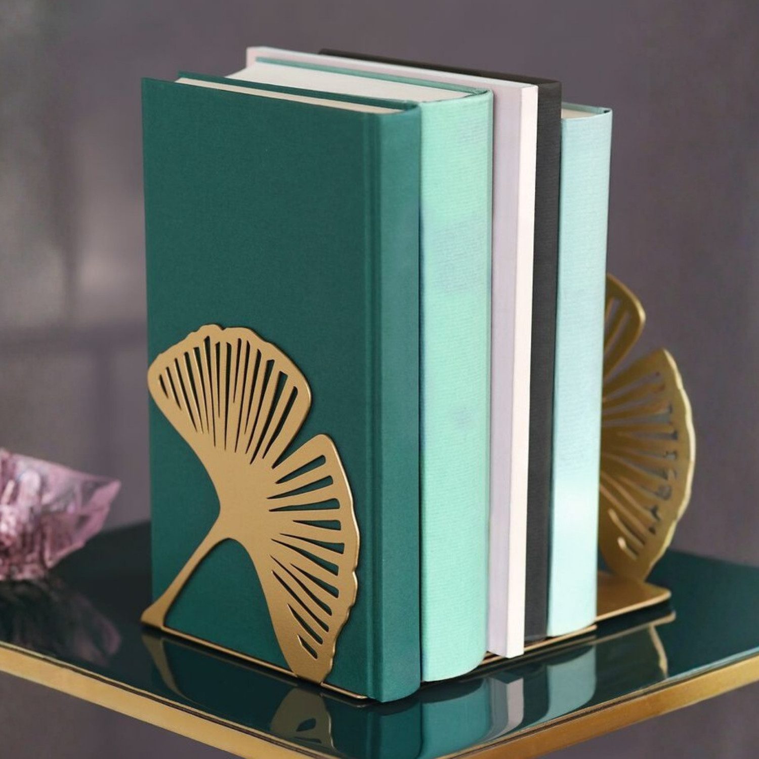 Moses. Verlag Buchstütze Ginkgo Metall goldfarben 2er Set für Bücherregale – Bild 3 von 5