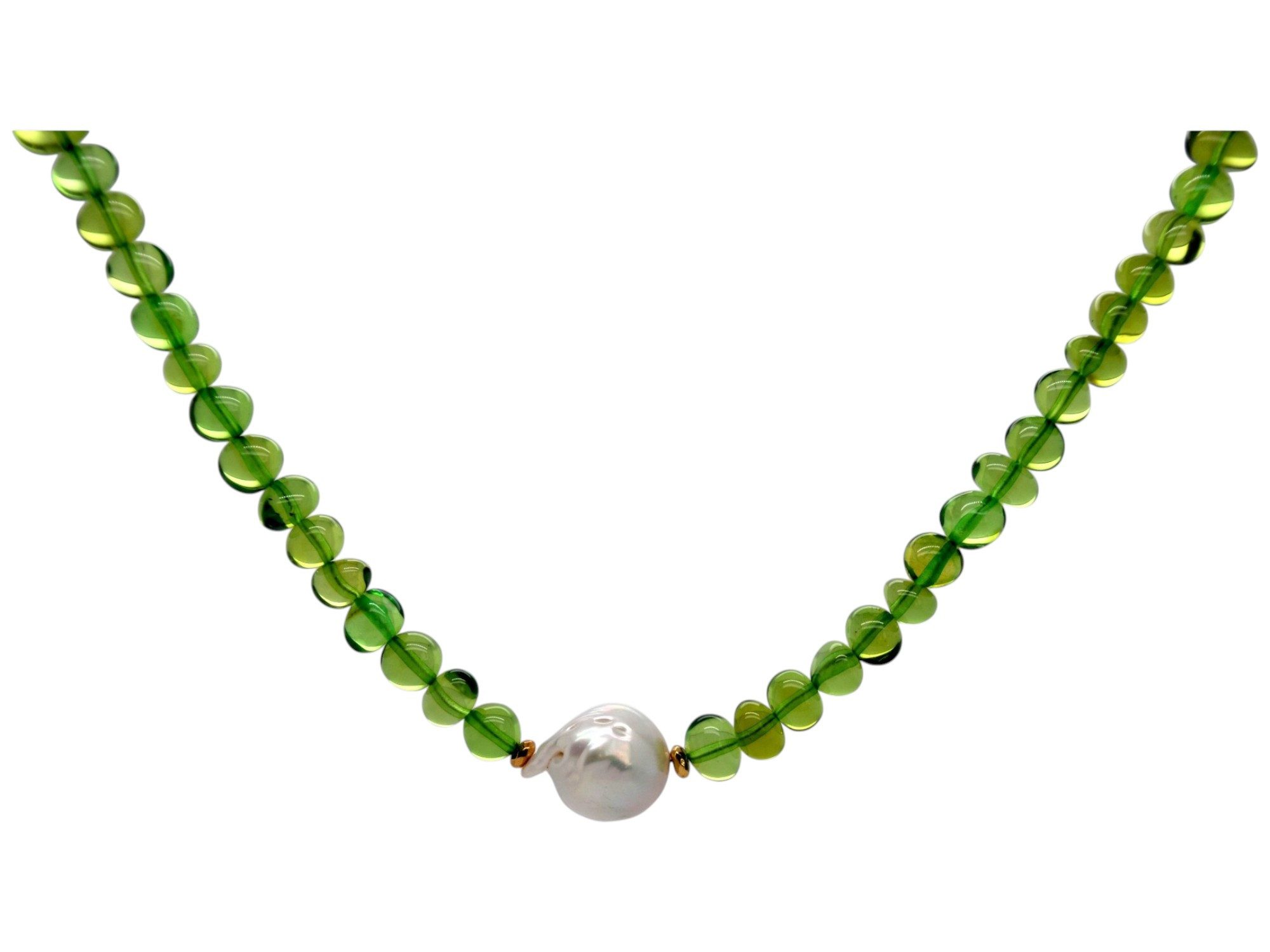 Sogni d'oro Collier aus grünem Bernstein mit Süßwasserzuchtperle, Gelbgold 375