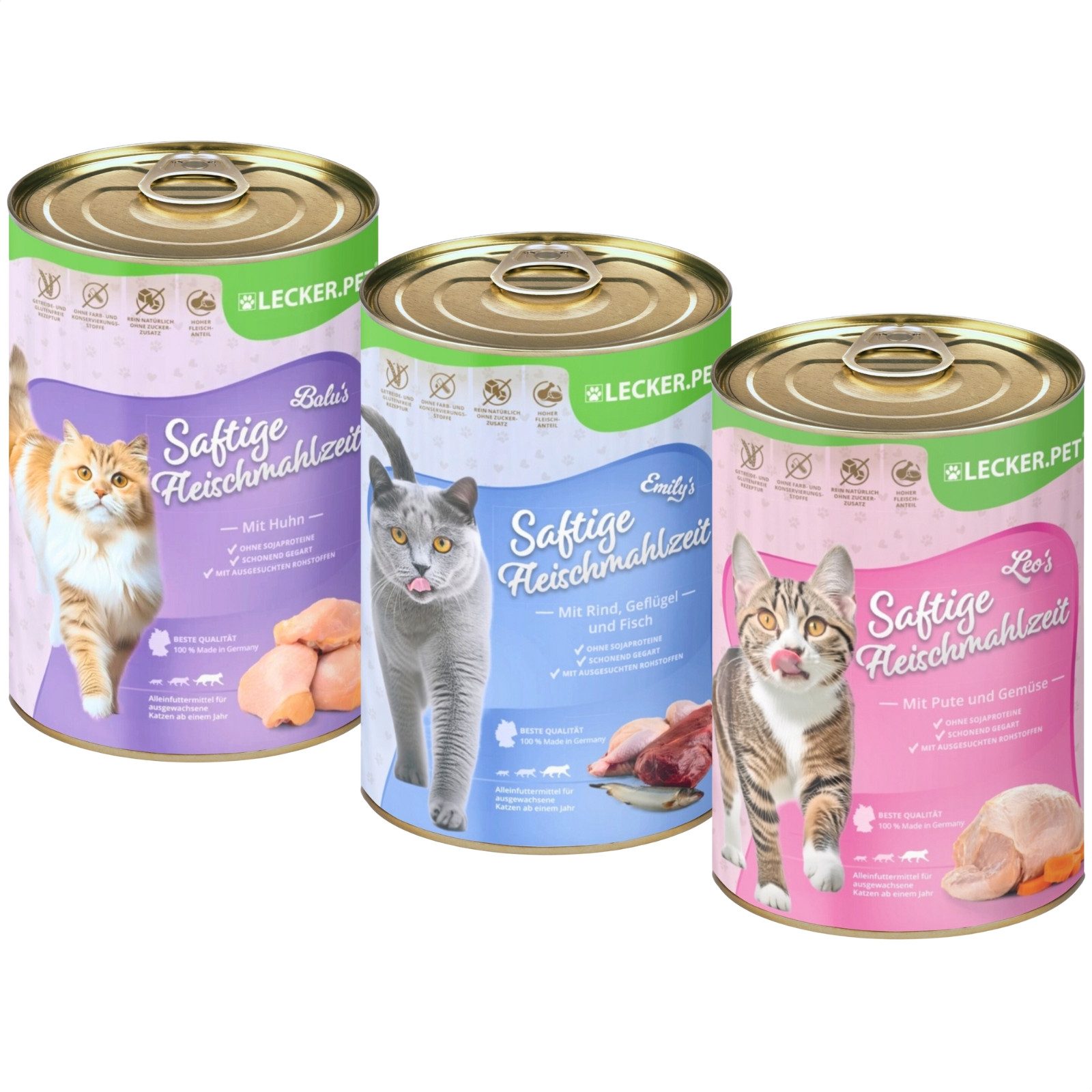 Lecker.Pet 18 x 400 g Lecker.Pet® Saftige Fleischmahlzeit Katzenfutter Mix Huhn, Nassfutter für: Katze