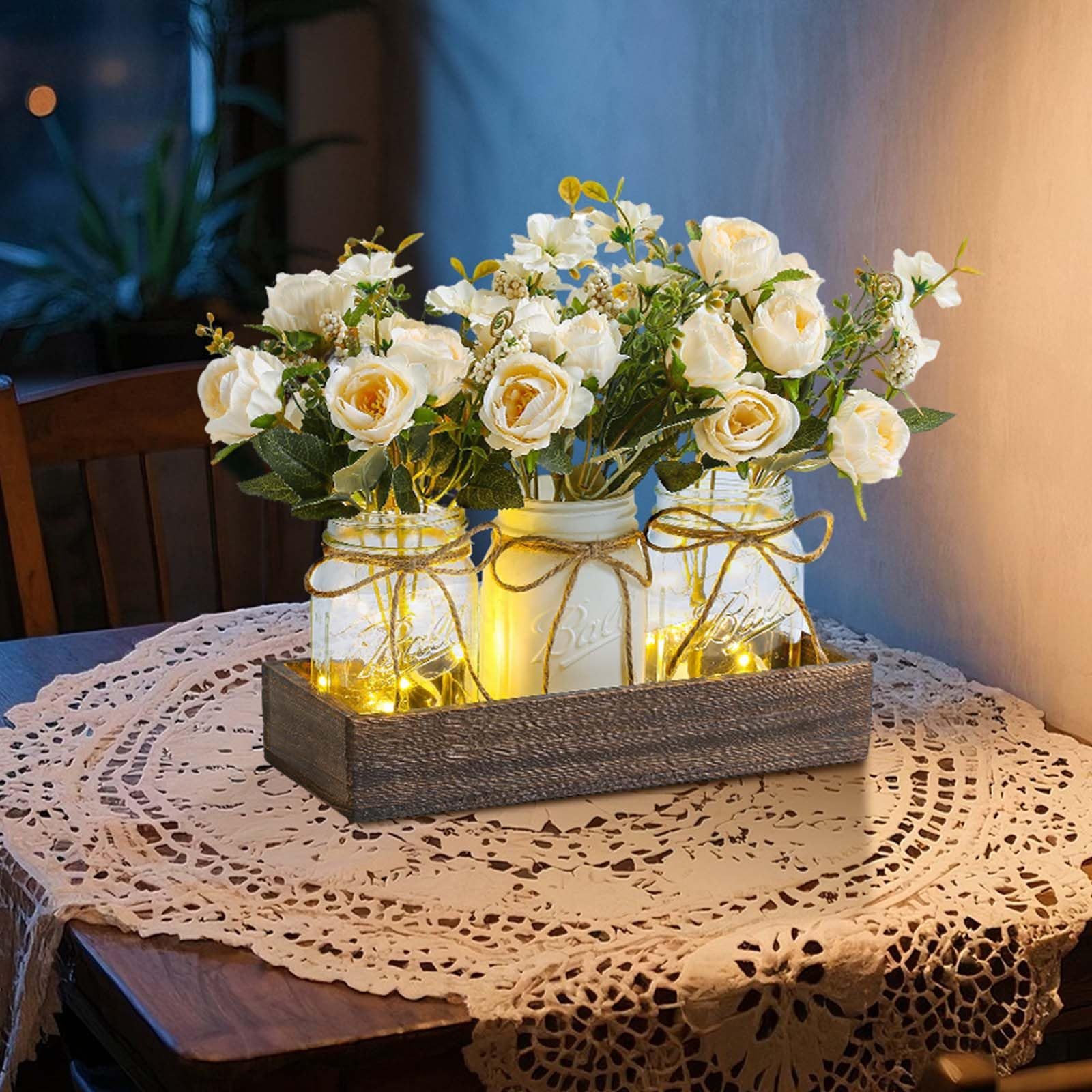Kunstblume Landhaus‑Dekoset mit Einmachgläsern und LED‑Lichterketten, GarveeMore