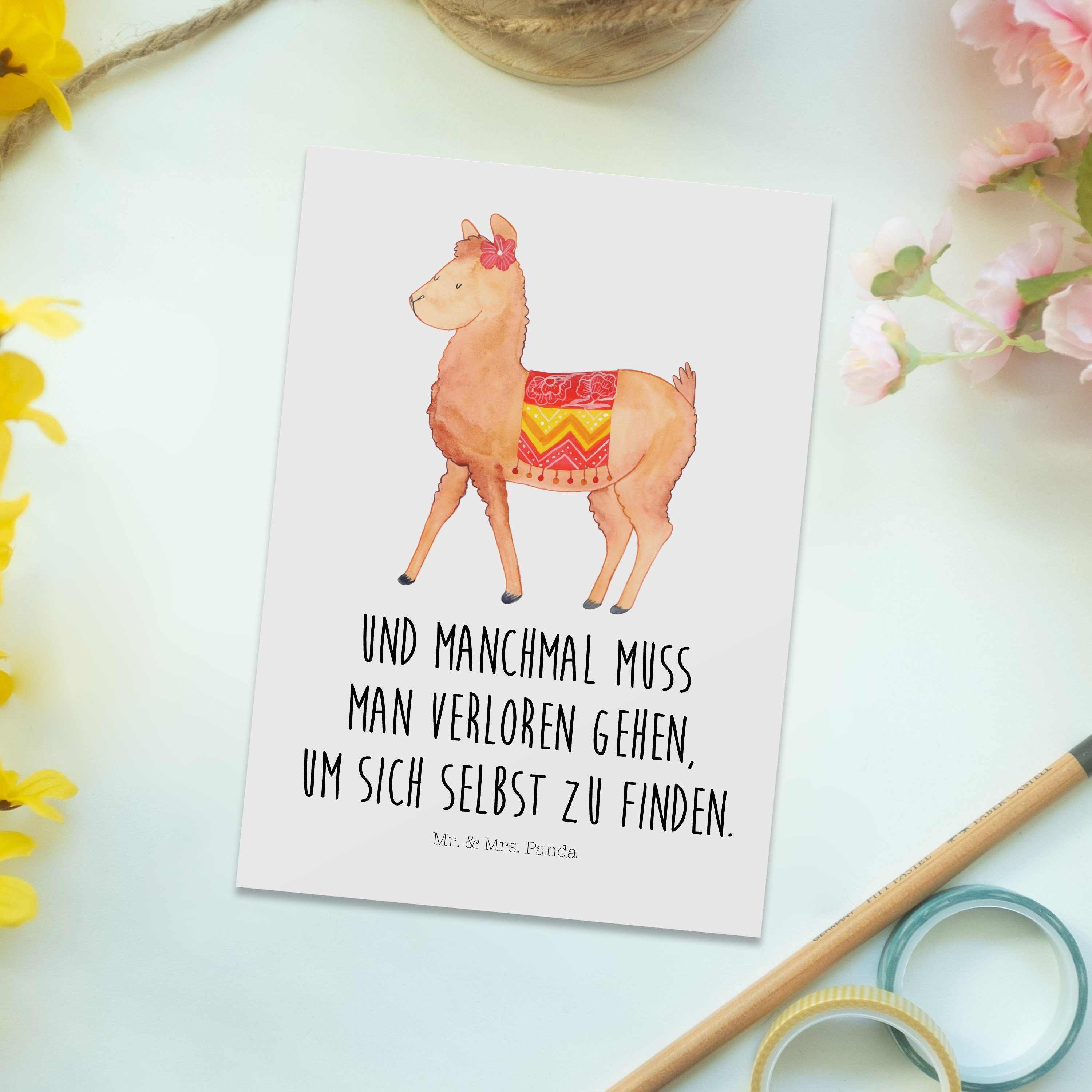 Geburtstagskarte, Geschenk, Panda Postkarte Lama, - - Einladungskar Mrs. Mr. stolz & Weiß Alpaka