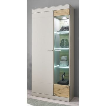 Lomadox Vitrine SINAIA-61 ohne Beleuchtung in grau matt mit Zinn Eiche Nb., B/H/T 90/199/35 cm