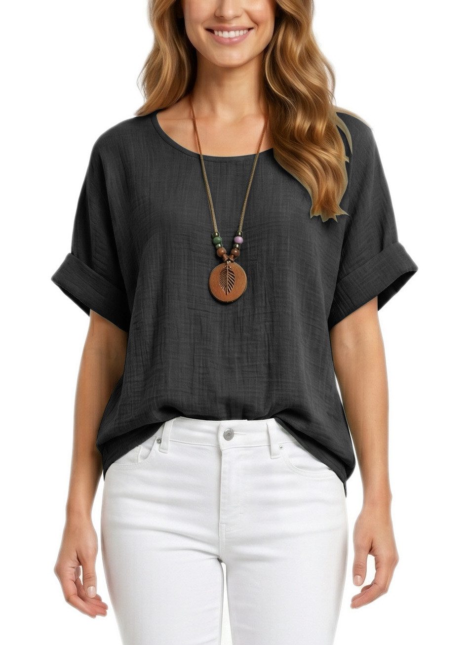 dy_mode Kurzarmbluse Damen Kurzarm Bluse Leichte Sommer Tunika Baumwollbluse Oberteil in Unifarbe, mit passende Kette