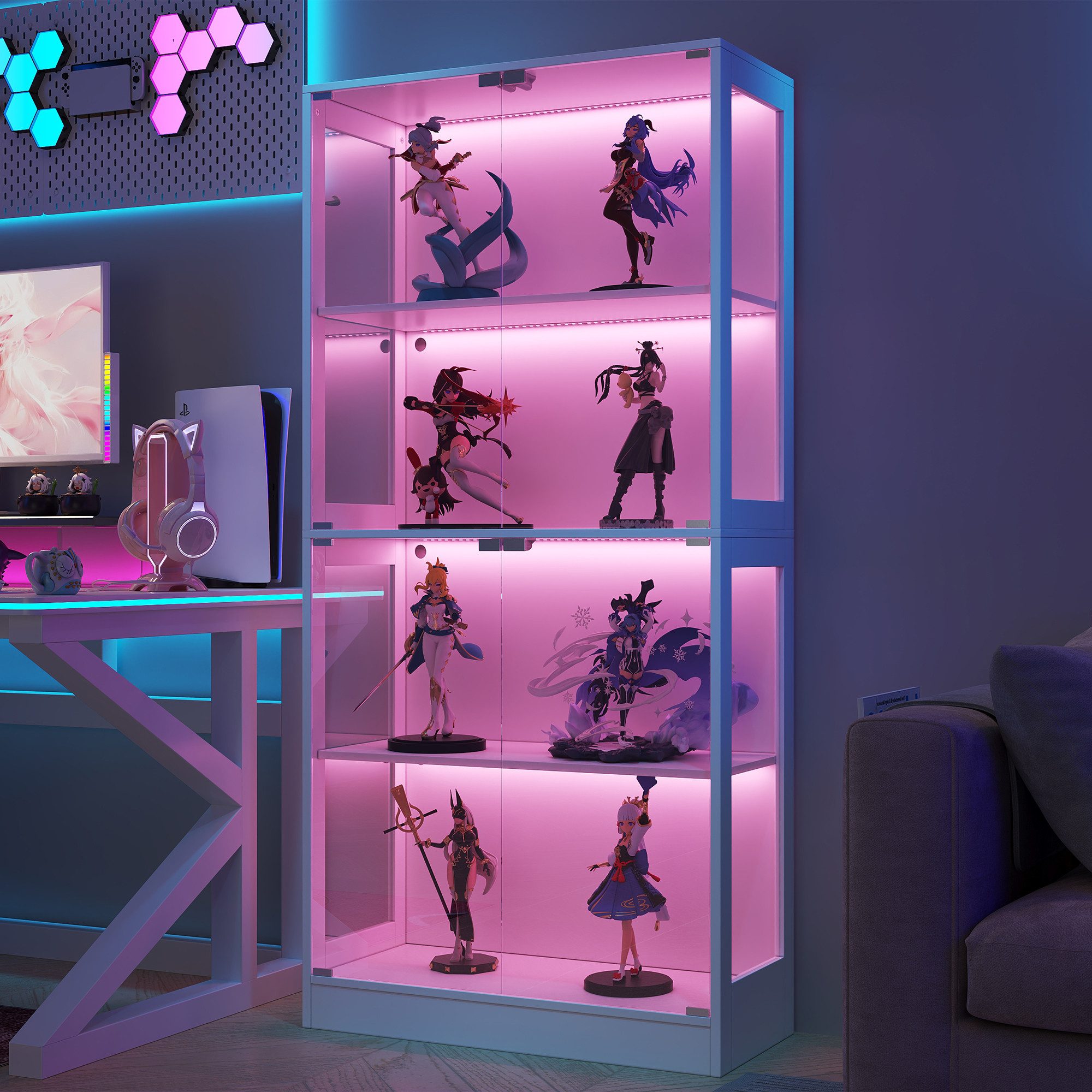 Flieks Glasvitrine Eckvitrine mit LED-Beleuchtung und 4 Glastüren (80x35x170 cm, 1-St) Standvitrine Eckschrank Hochschrank Sammlervitrine mit 4 Fächern Weiß