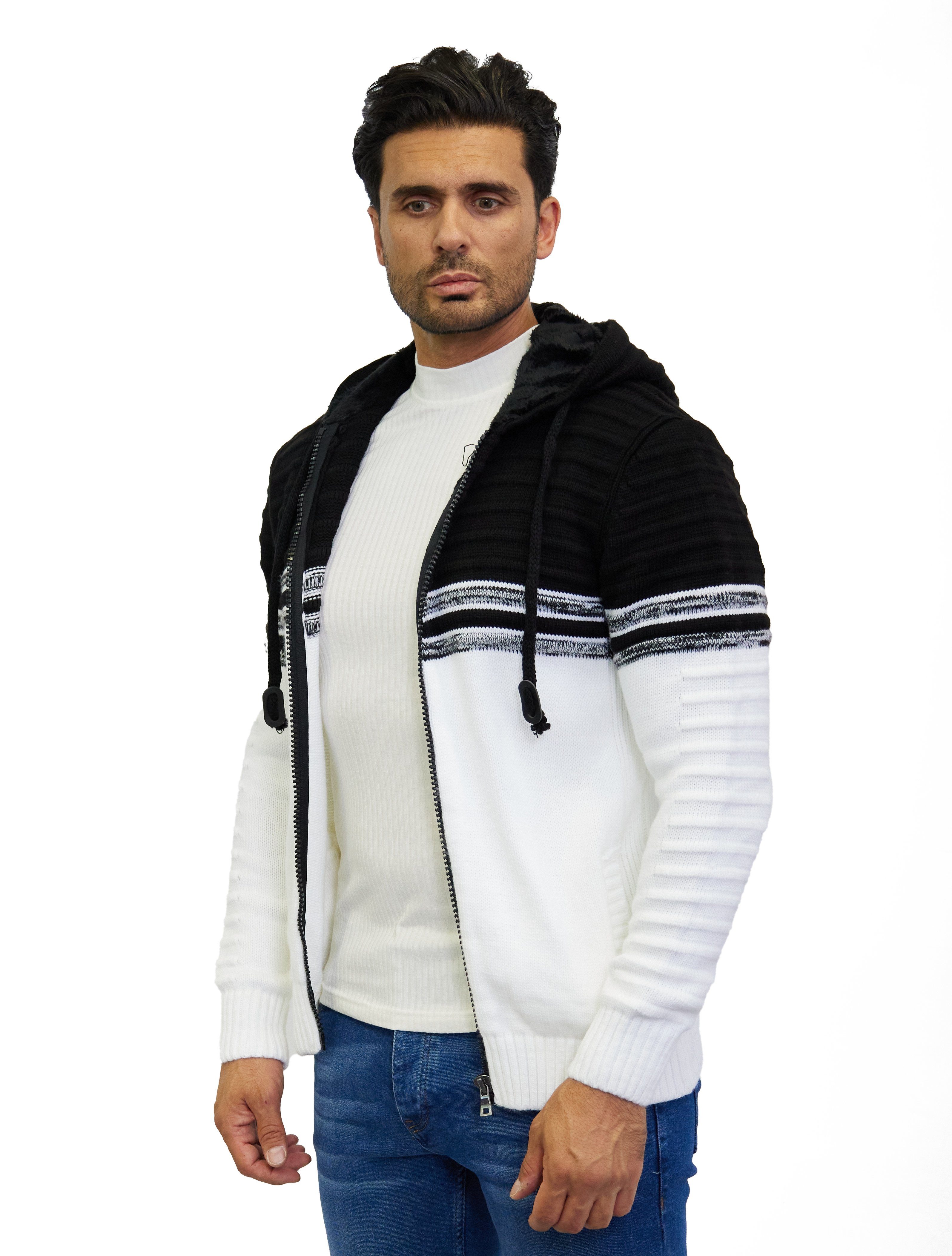 Strickjacke Herren flauschiger Kapuze Weiß Distriqt mit Strickjacke und Denim Seitentaschen