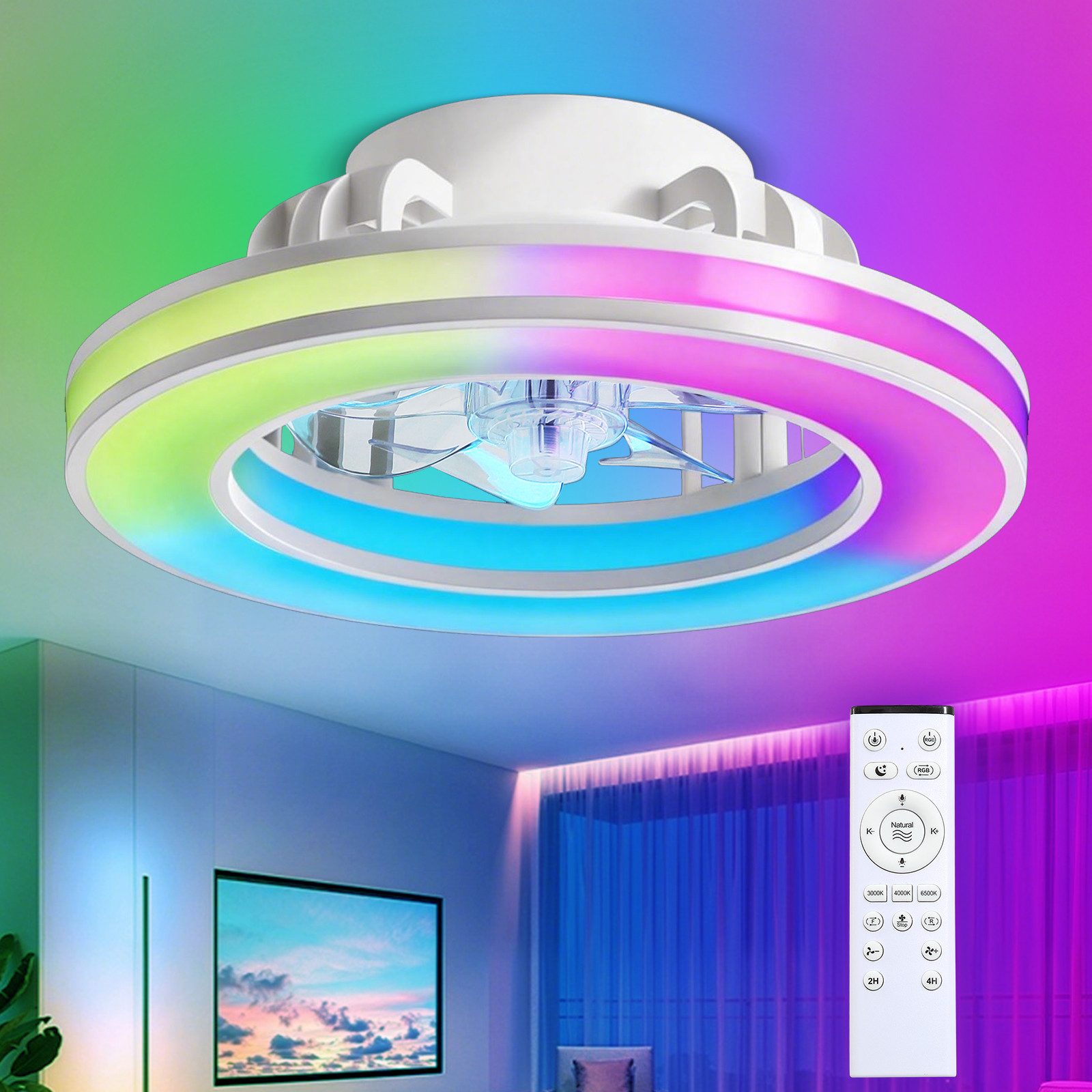 RRBEST Deckenventilator RGB Deckenventilator mit Beleuchtung, Dimmbar Deckenleuchte, mit Fernbedienung, 6 Windstufen, 3000K-6500K
