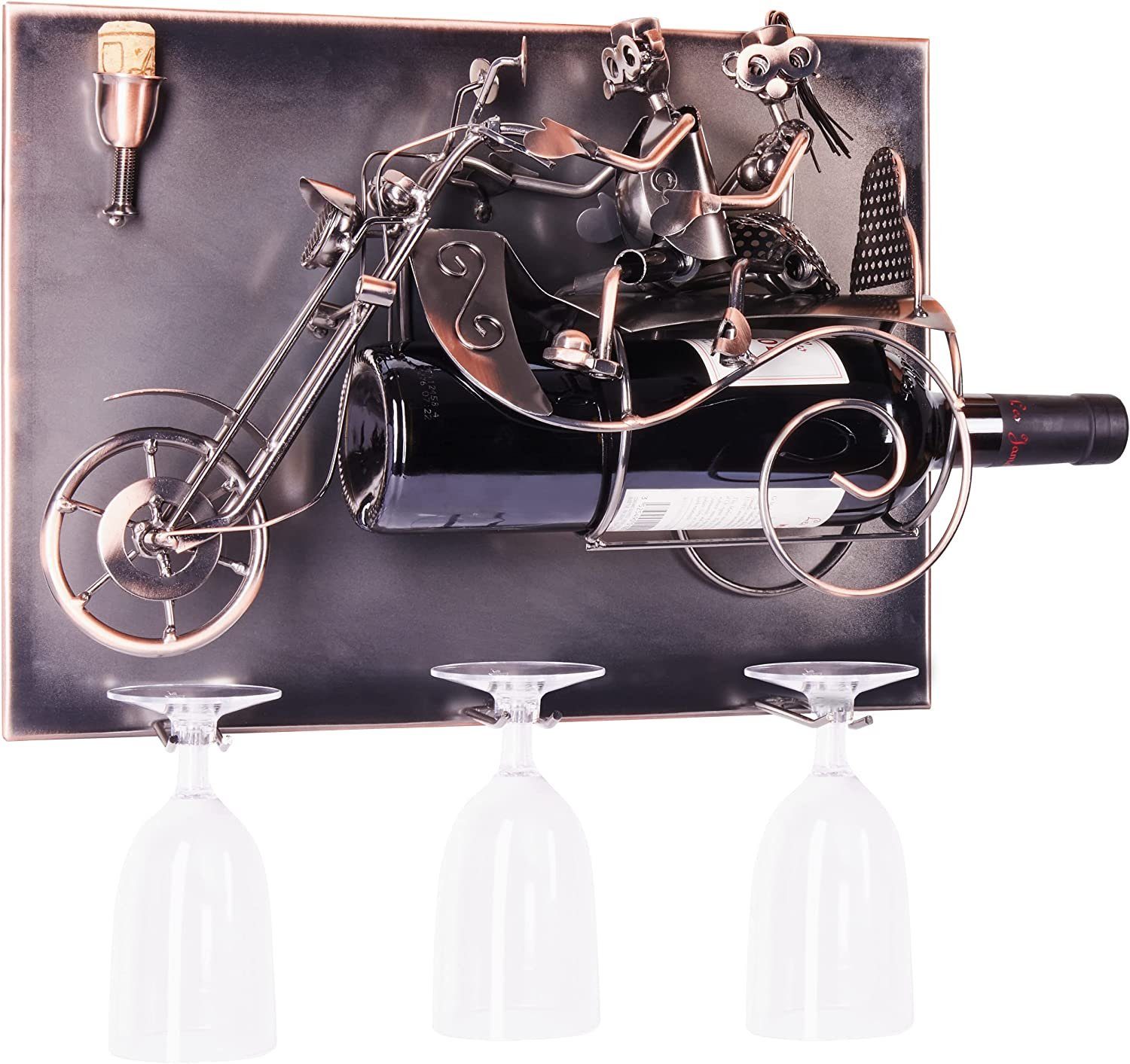 BRUBAKER Weinflaschenhalter Paar auf einem Motorrad - Wall Art Bild, (Wein  Geschenk mit Wandhalterung und Weingläser Halter, inklusive Grußkarte),  Flaschenhalter Wand, Weinhalter Dekoration