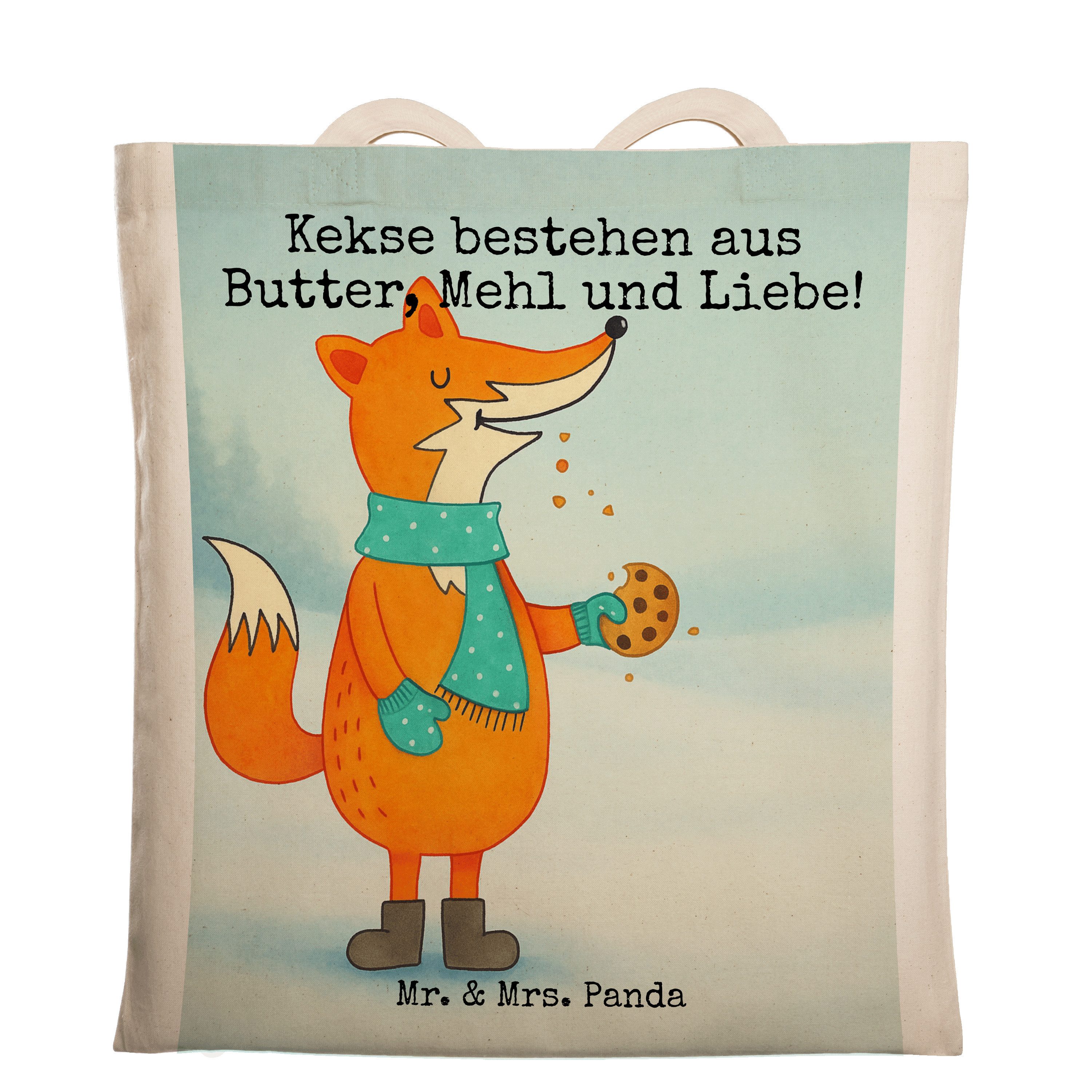 Mr. & Mrs. Panda Tragetasche Fuchs Keks Design, Tragetasche, Weiß, Weihnachtse, kalt, Beutel, Jute (Packung, 1-tlg), Tragetasche Tasche Einkaufstüte