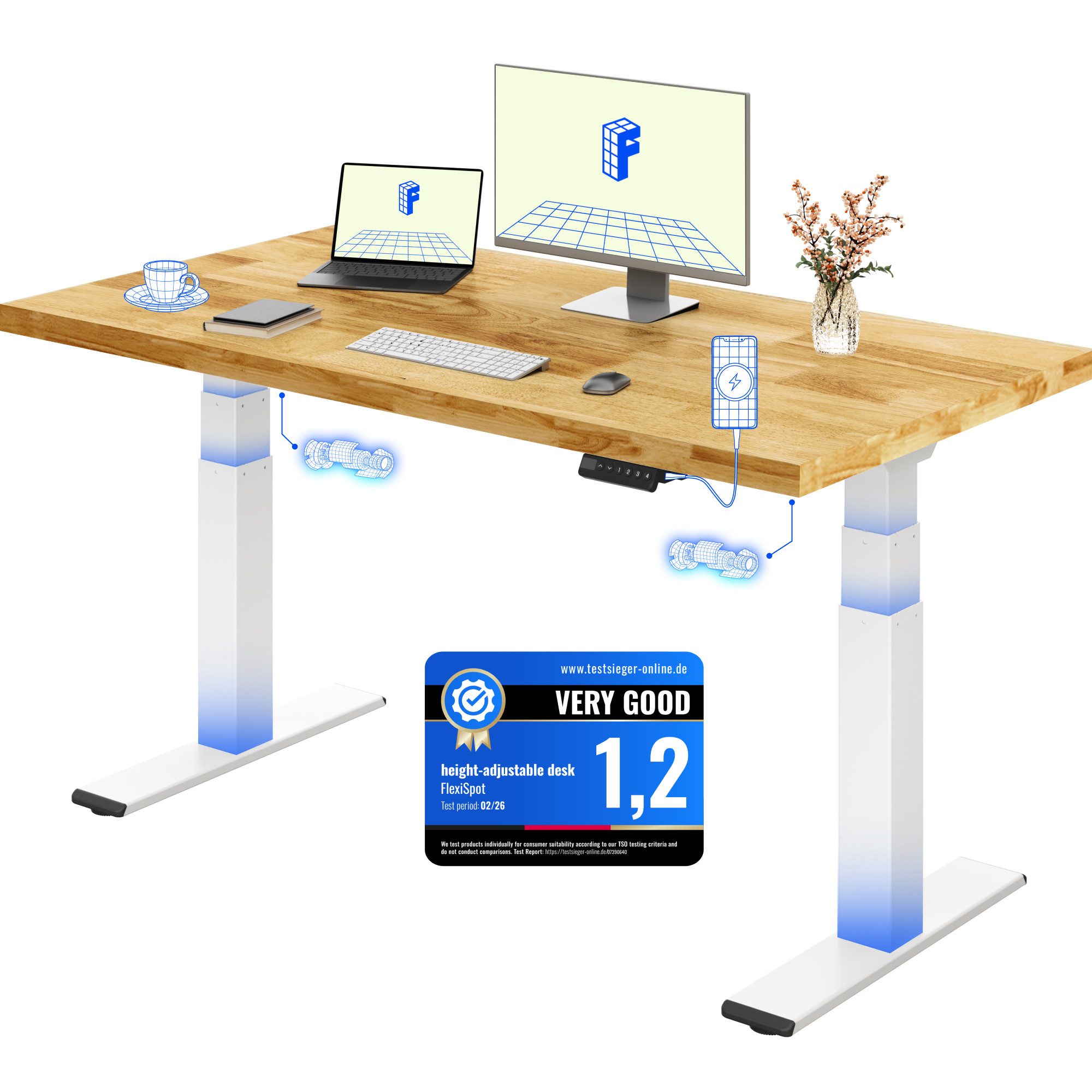 FLEXISPOT Schreibtisch ValtreX E200 Elektrisch höhenverstellbarer Schreibtisch mit Dualmotor (2 Motore, 3-Fach-Teleskop, 4 Speicherplätze, mit 27 mm Massivholzplatte aus türkischer Weißeiche), Kollisionschutz Funktion, USB Ladeanschluss, MAX Load: 200KG