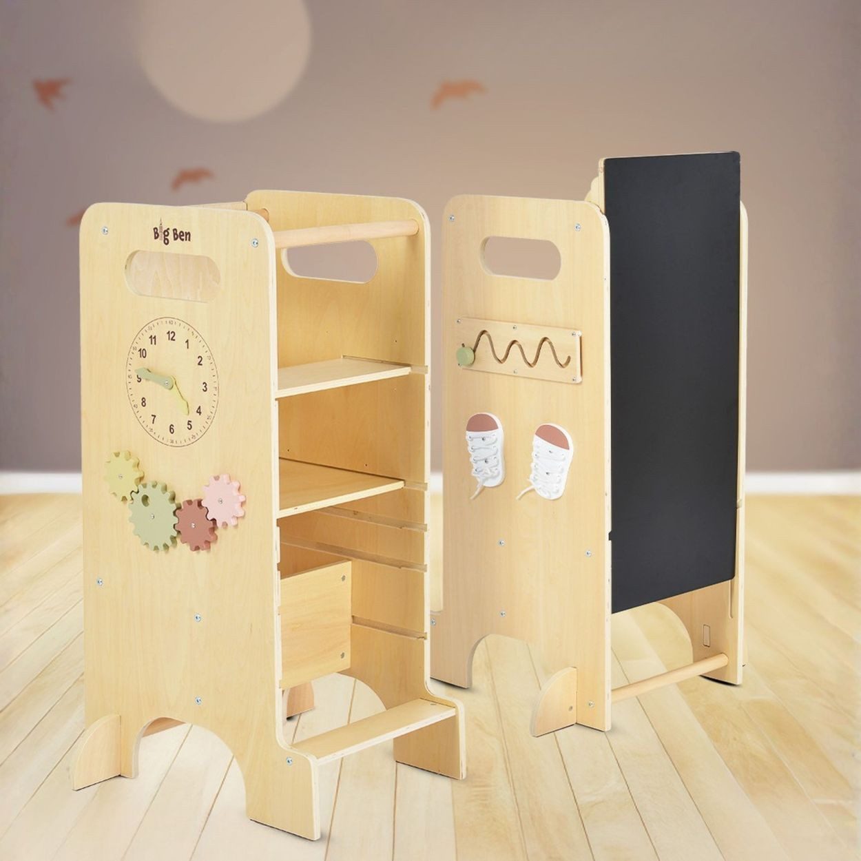 Moni Stehhilfe Kinder Lernturm 4 in 1 Big Ben, Rutsche Tafel Hochstuhl Uhranzeige Motorik