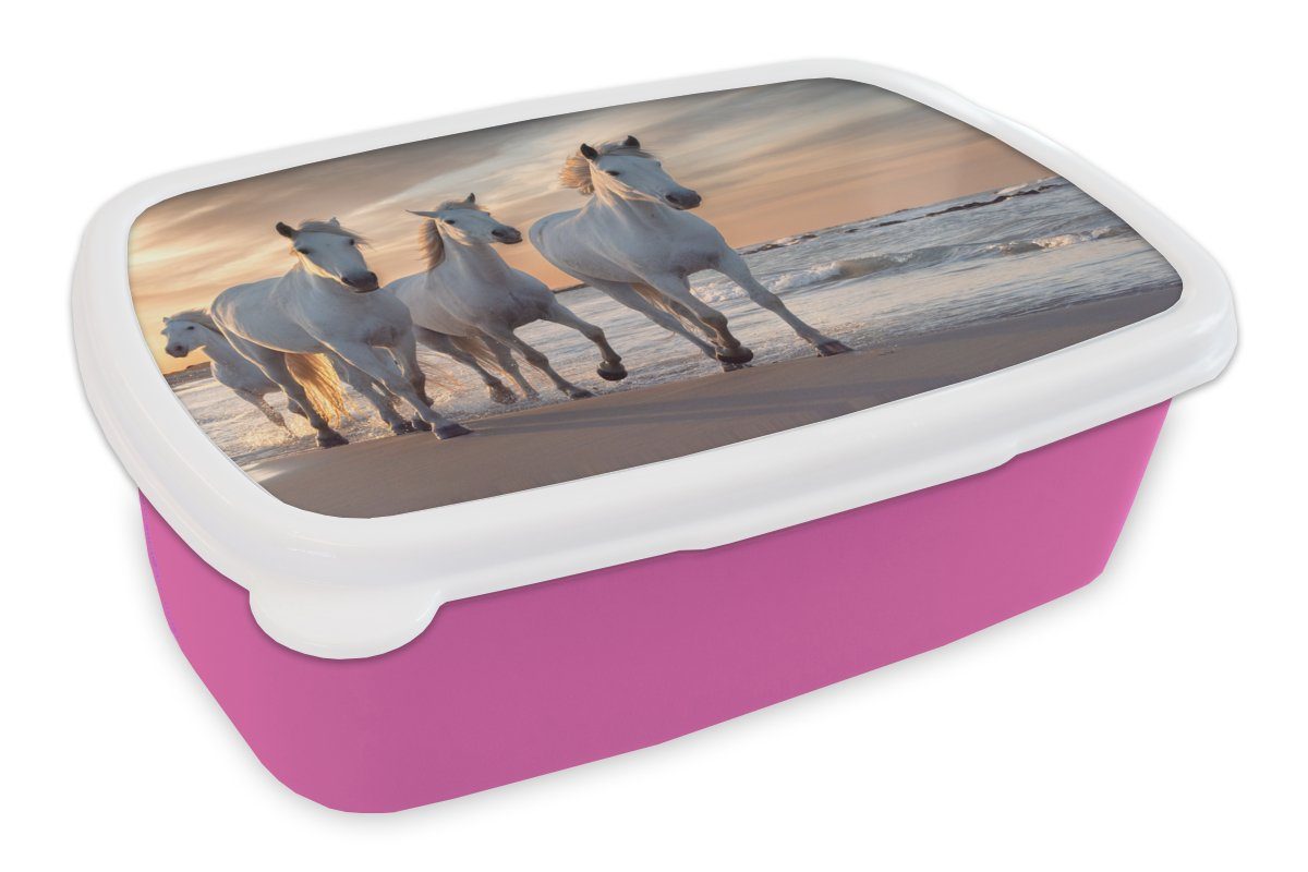 MuchoWow Lunchbox Pferde - Sonne - Strand - Meer, Kunststoff, (2-tlg), Brotbox für Erwachsene, Brotdose Kinder, Snackbox, Mädchen, Kunststoff rosa