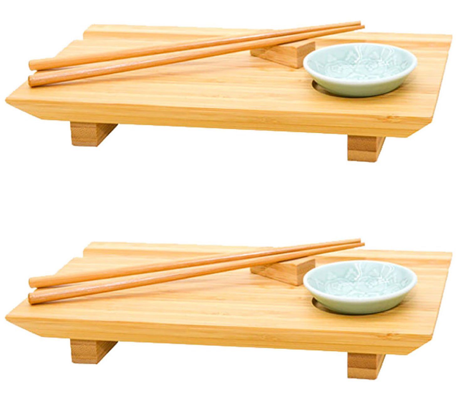 2x Brett Japanisches Servierplatte mit Schälchen Teller Holz, (Set, Bambus DuneDesign Set 27x16x4 Platten, Sushi 10-tlg),
